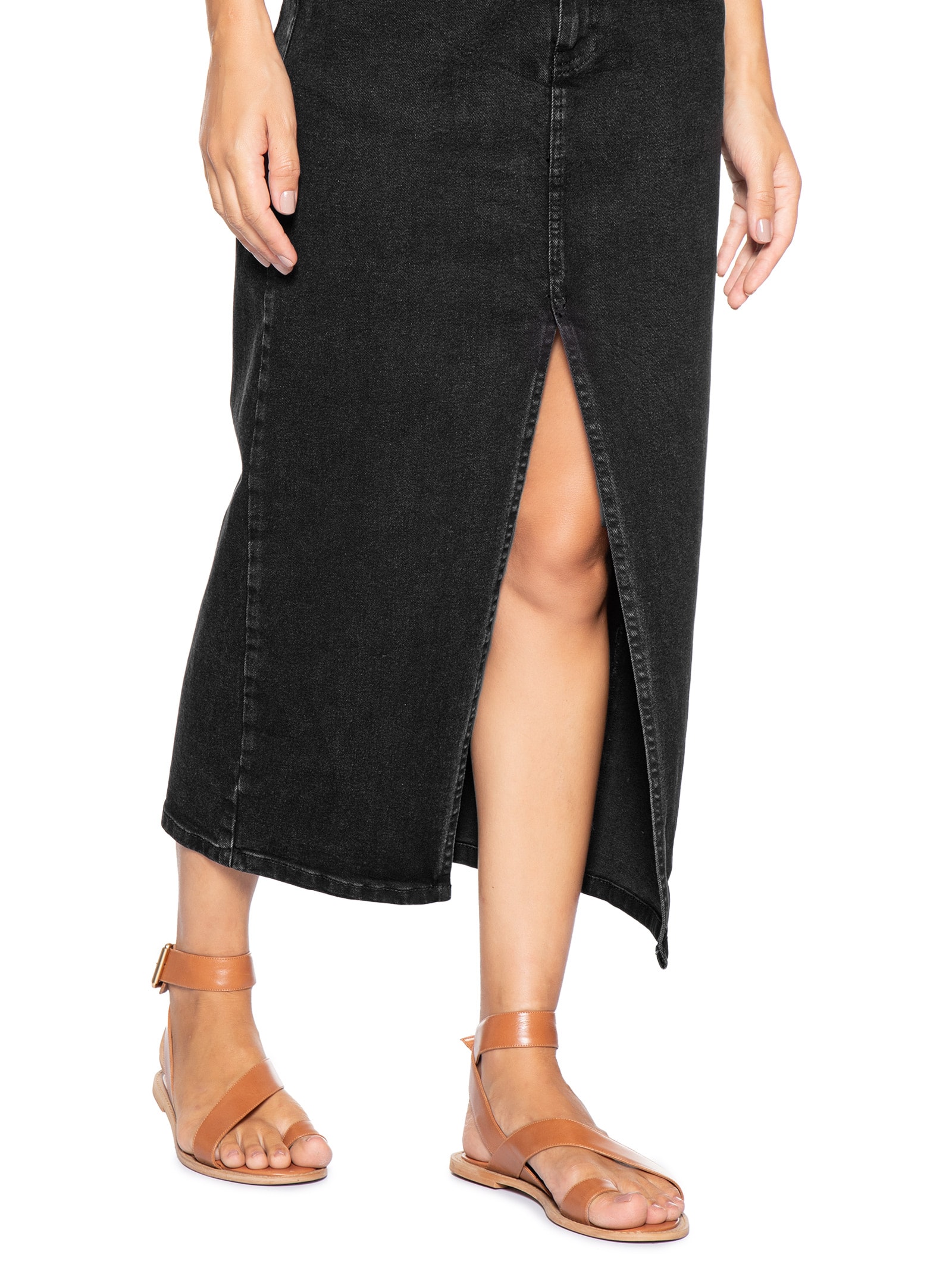Saia Midi Jeans Com Fenda Preto Basiq