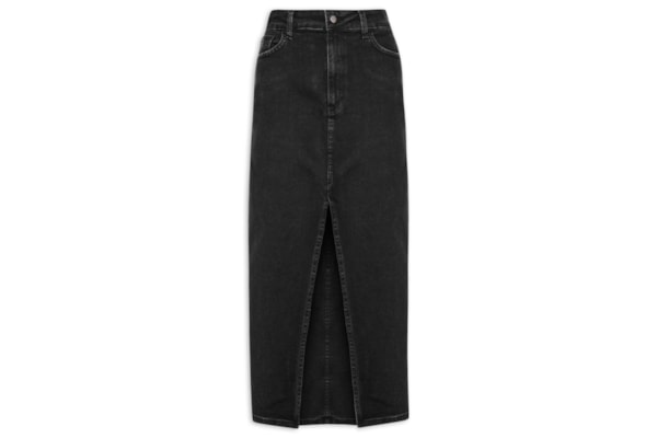 Saia Midi Jeans Com Fenda - Preto