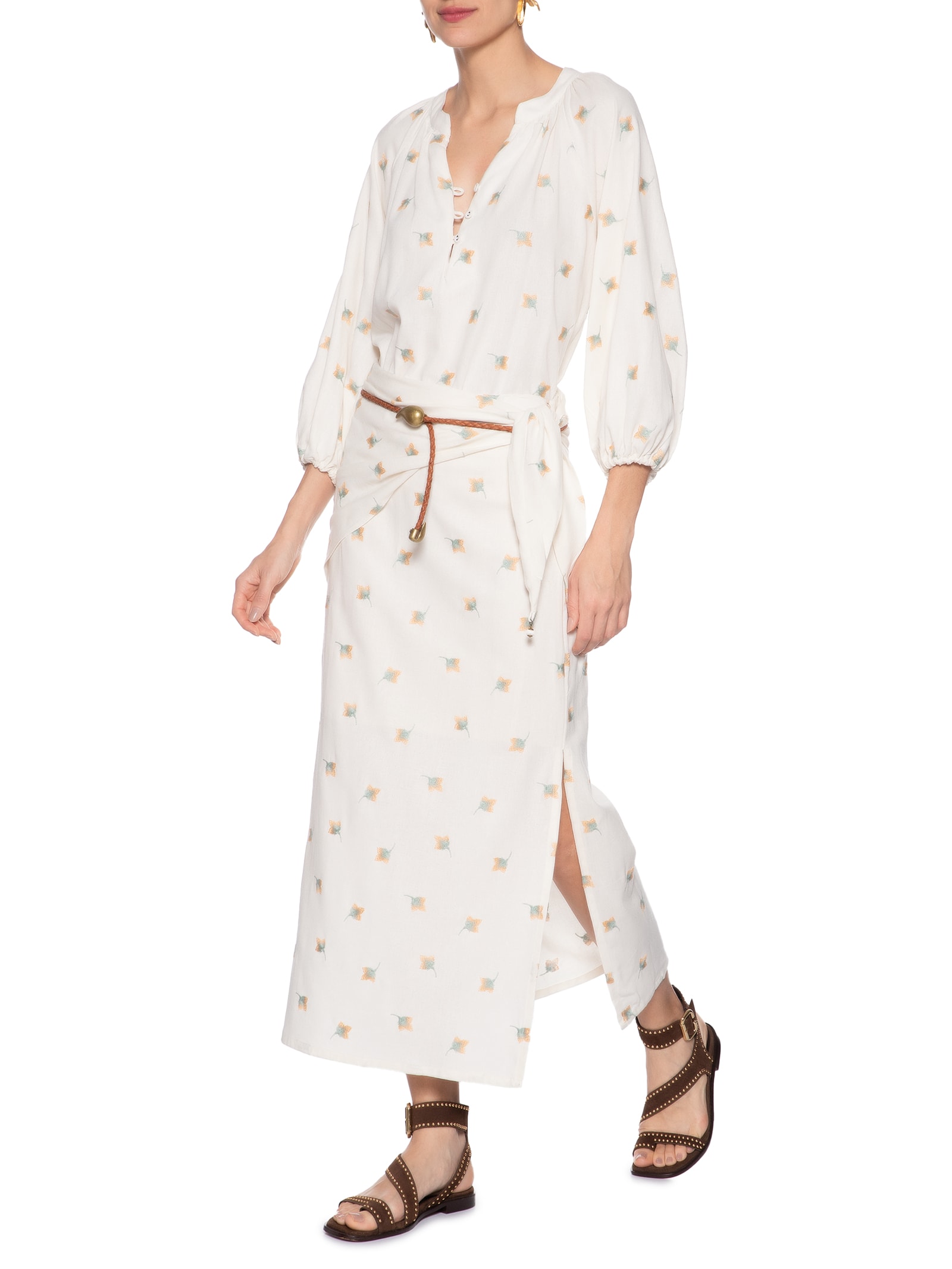 Saia Midi Lenço Bordado Floral Branco Maria Filó