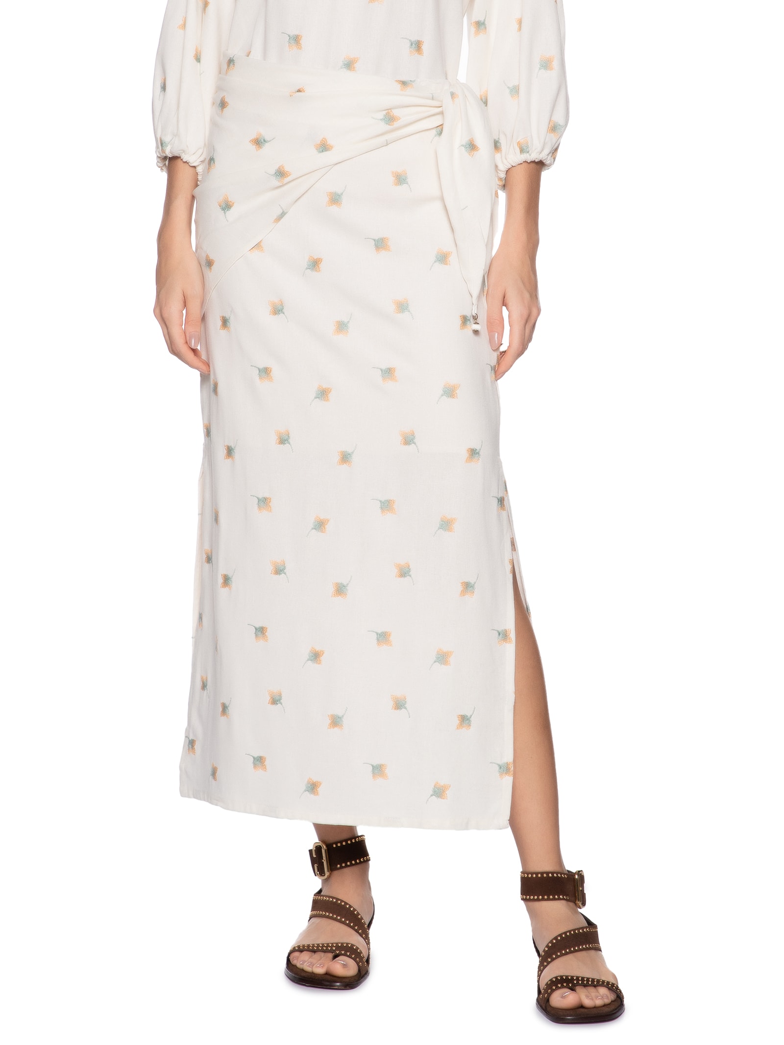 Saia Midi Lenço Bordado Floral Branco Maria Filó