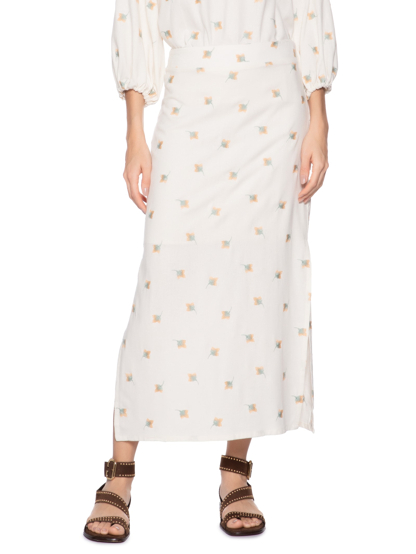 Saia Midi Lenço Bordado Floral Branco Maria Filó