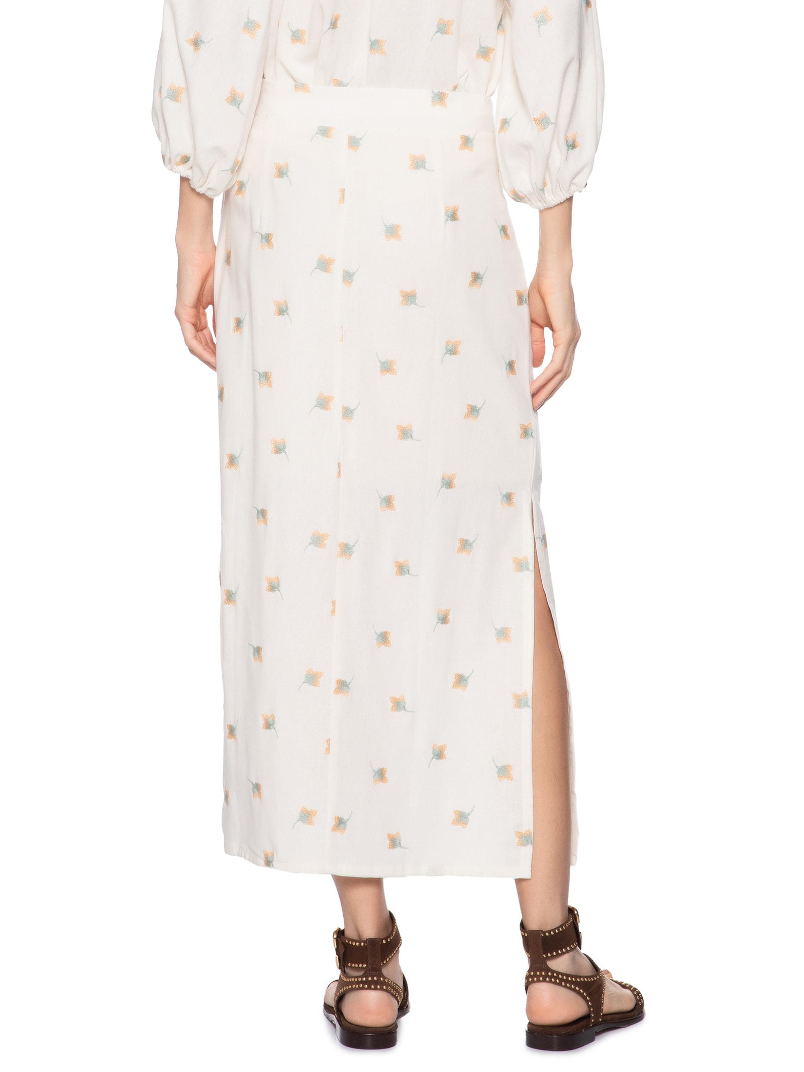 Saia Midi Lenço Bordado Floral Branco Maria Filó