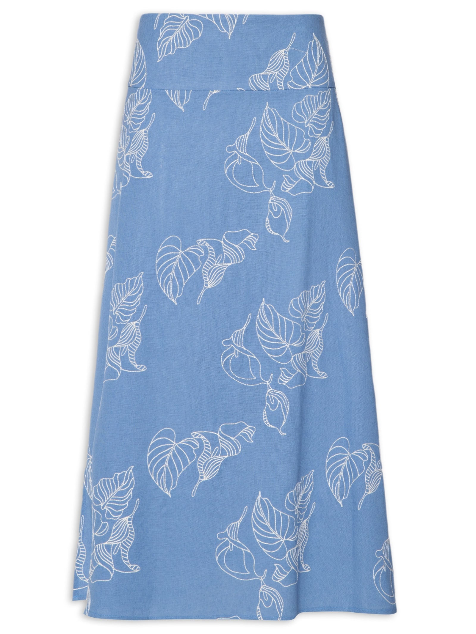 Saia Midi Linho Bordado Copo De Leite Azul Dress To