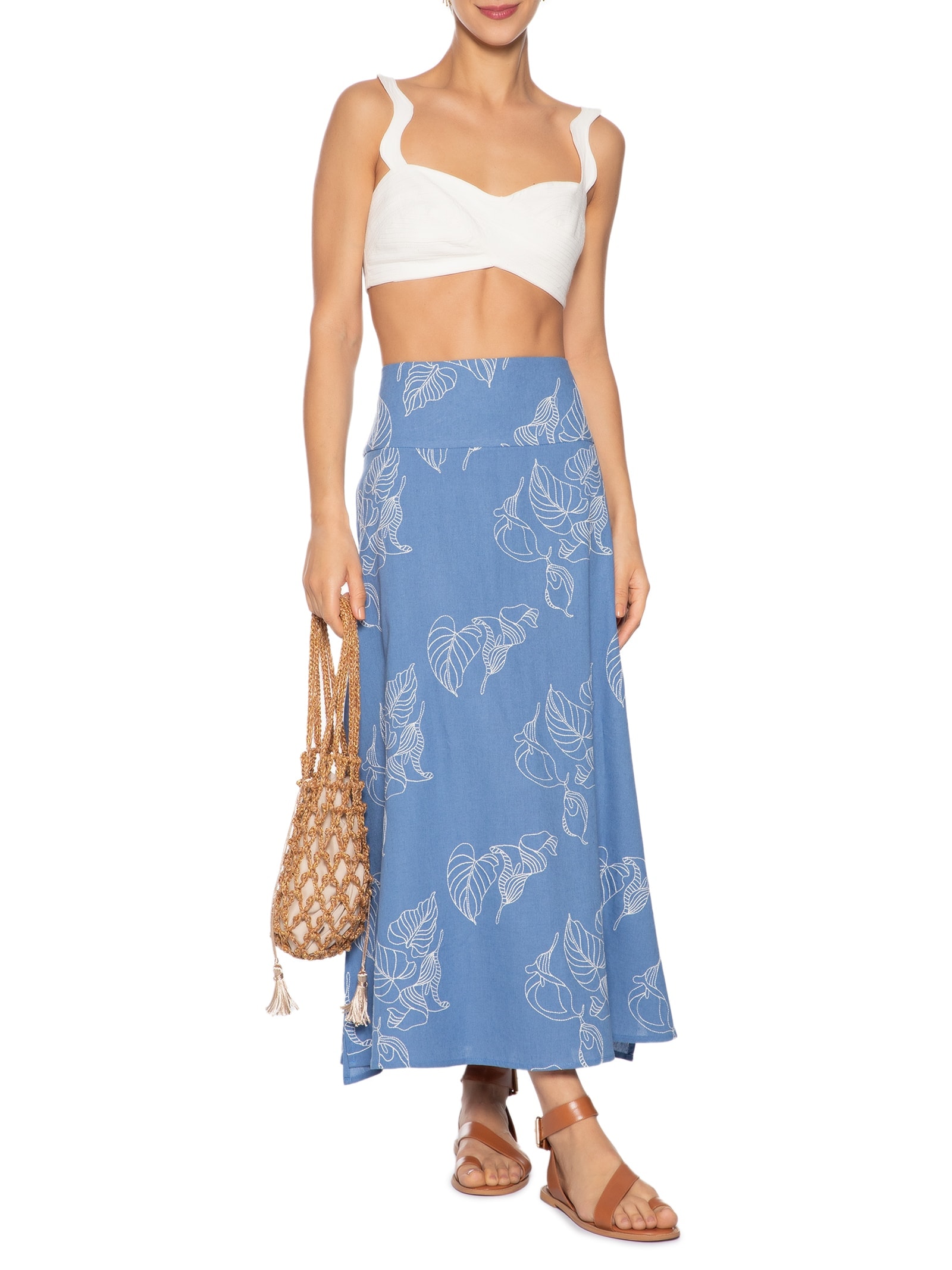 Saia Midi Linho Bordado Copo De Leite Azul Dress To