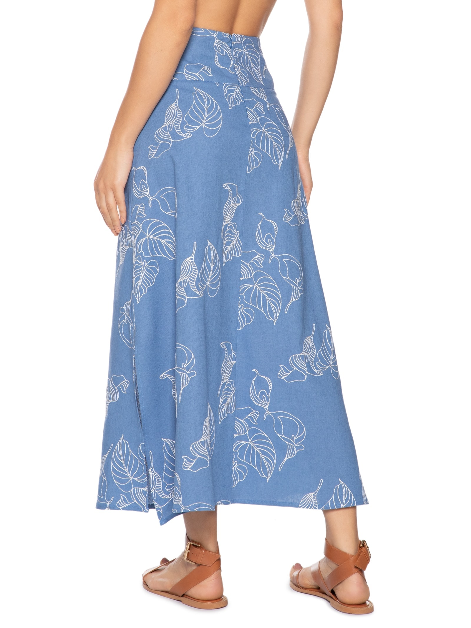 Saia Midi Linho Bordado Copo De Leite Azul Dress To