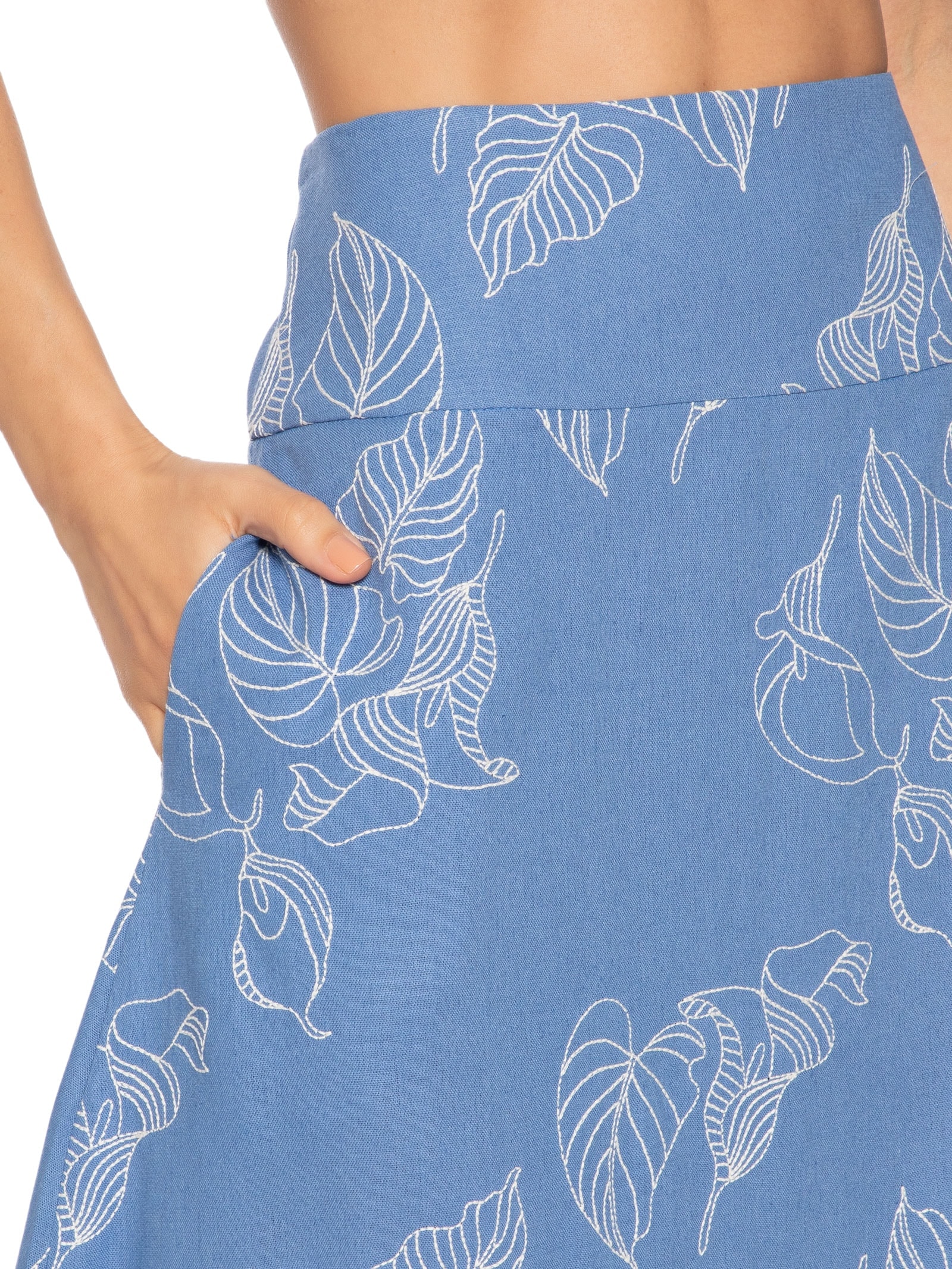 Saia Midi Linho Bordado Copo De Leite Azul Dress To