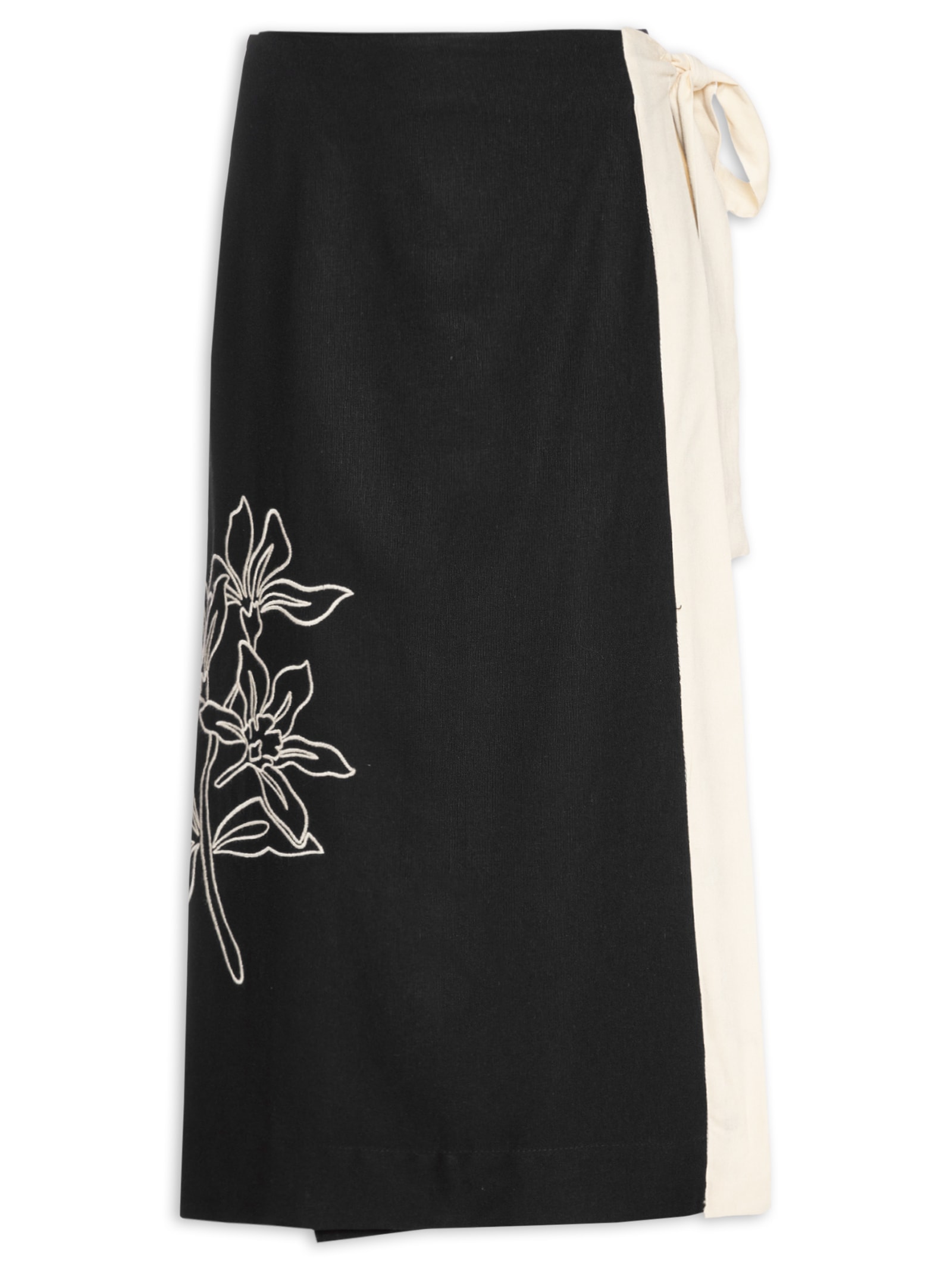 Saia Midi Linho Bordado Floral Preto Dress To