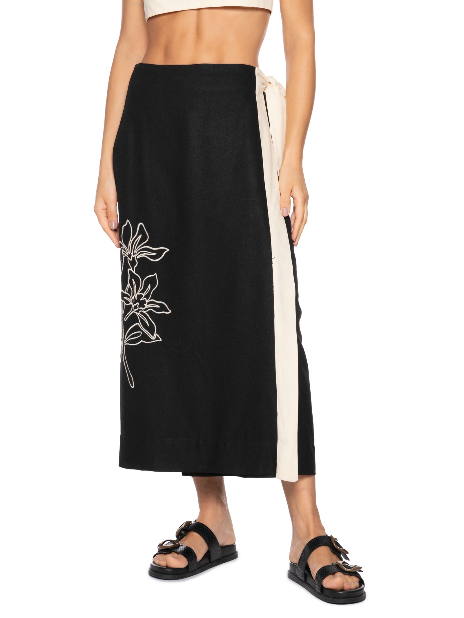 Saia Midi Linho Bordado Floral Preto Dress To