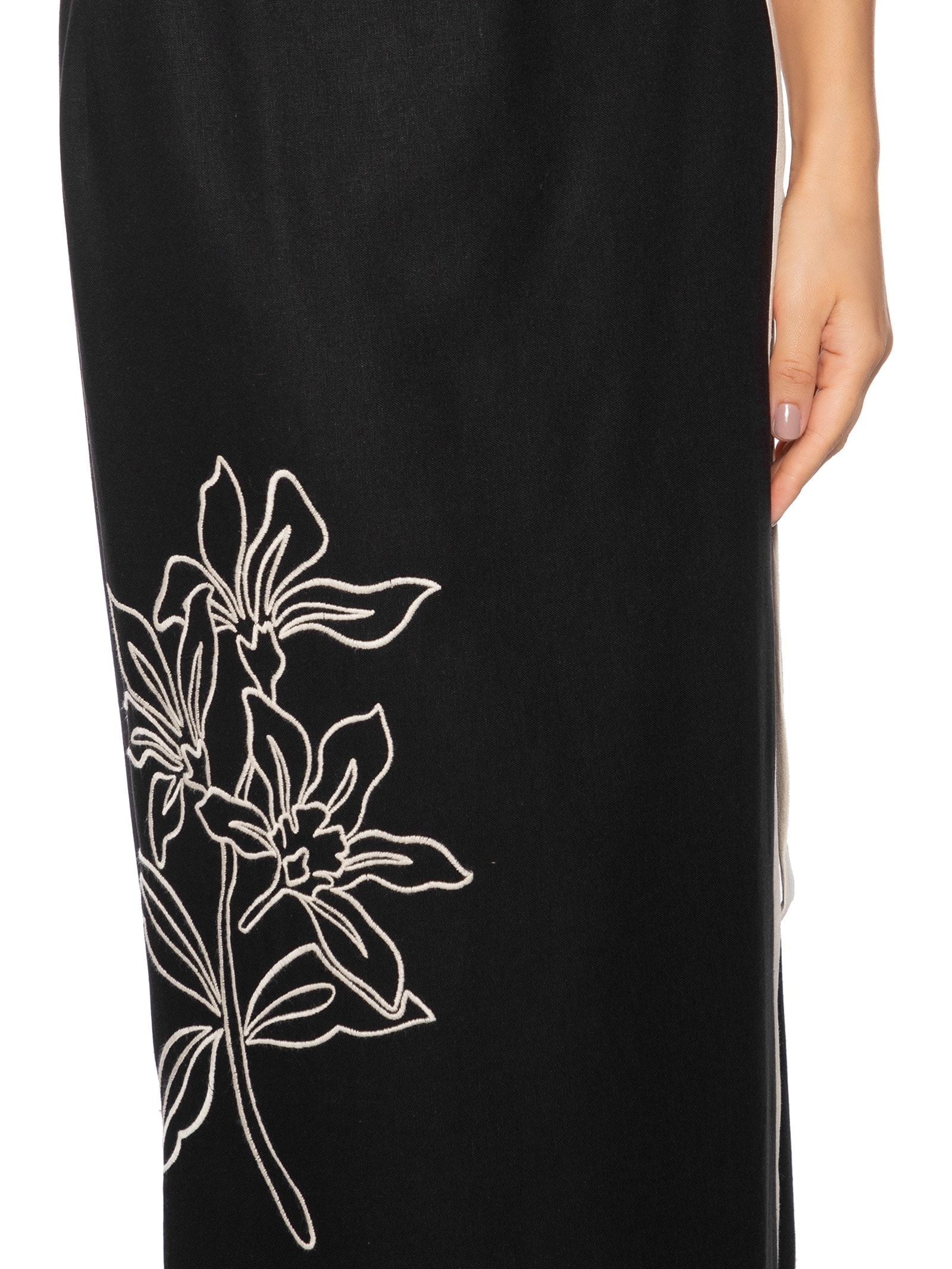 Saia Midi Linho Bordado Floral Preto Dress To