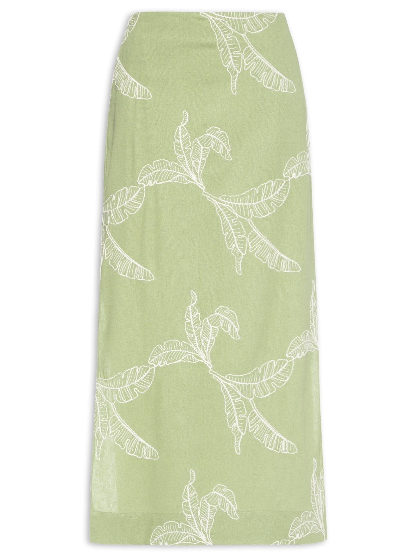 Saia Midi Linho Bordado Folhas Verde Dress To