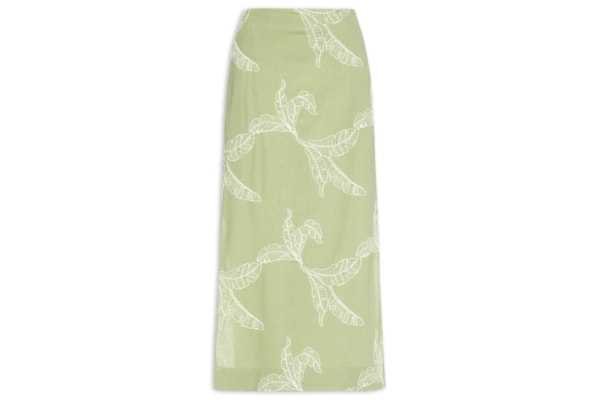 Saia Midi Linho Bordado Folhas - Verde