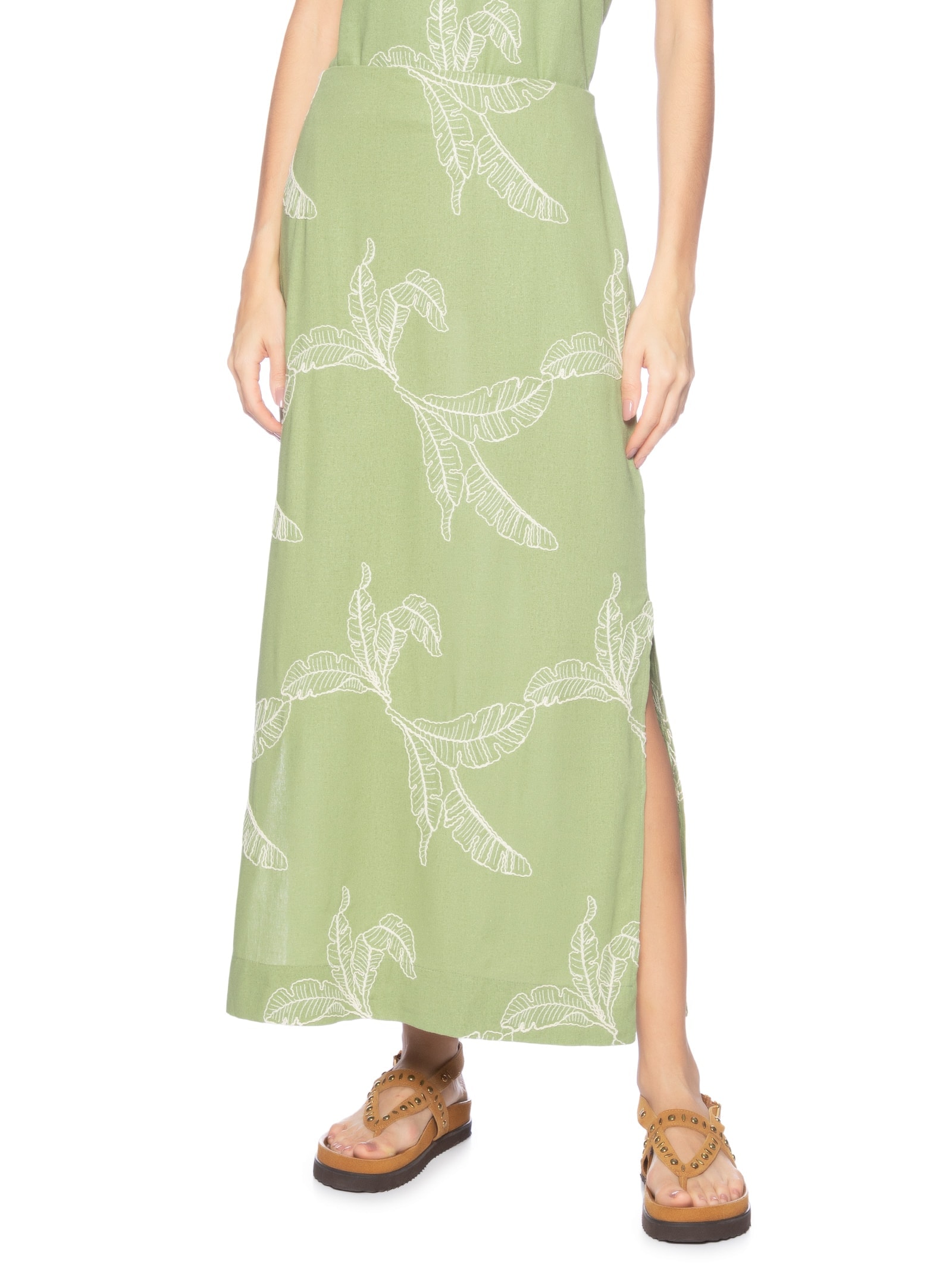 Saia Midi Linho Bordado Folhas Verde Dress To