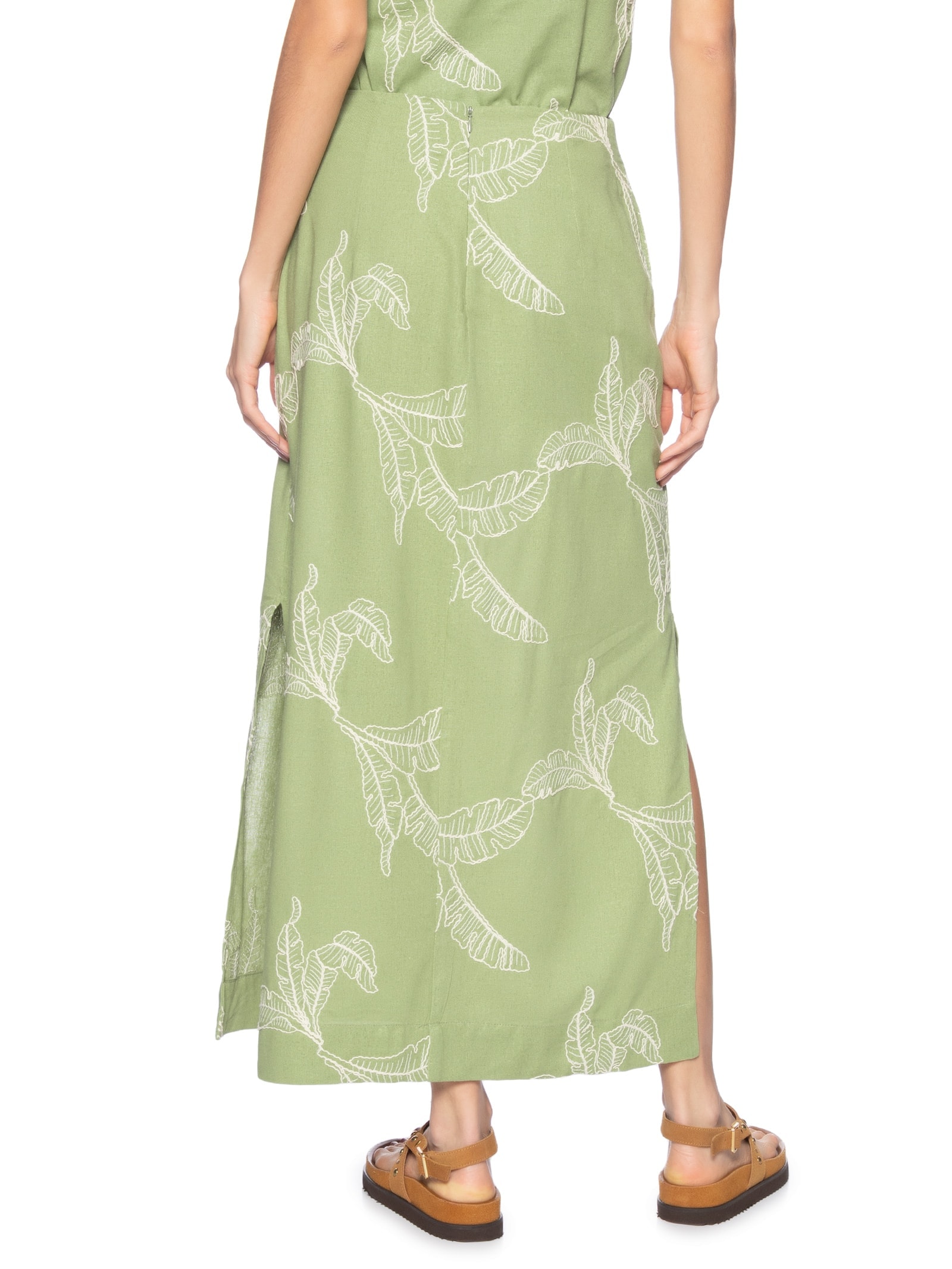 Saia Midi Linho Bordado Folhas Verde Dress To