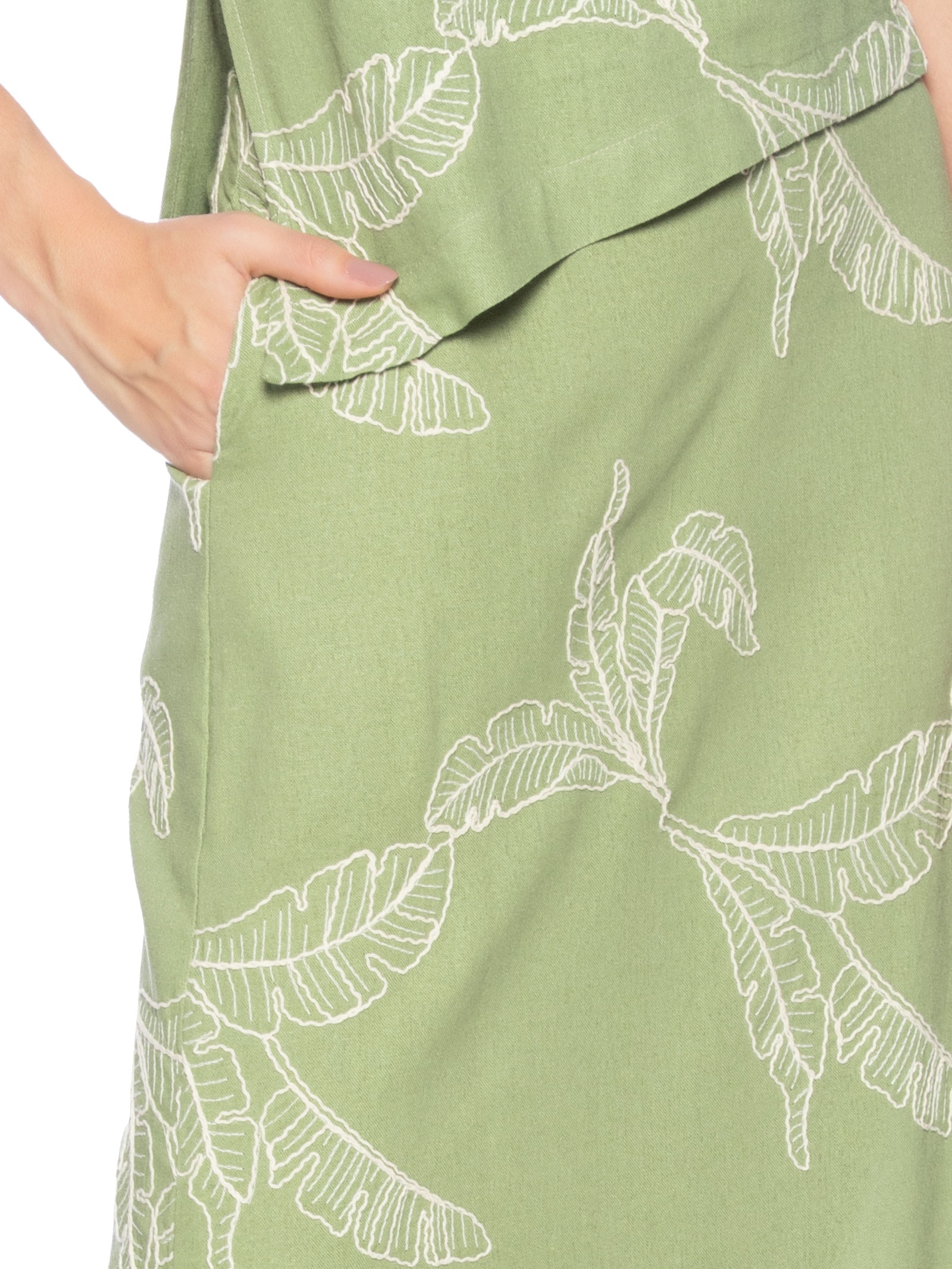 Saia Midi Linho Bordado Folhas Verde Dress To