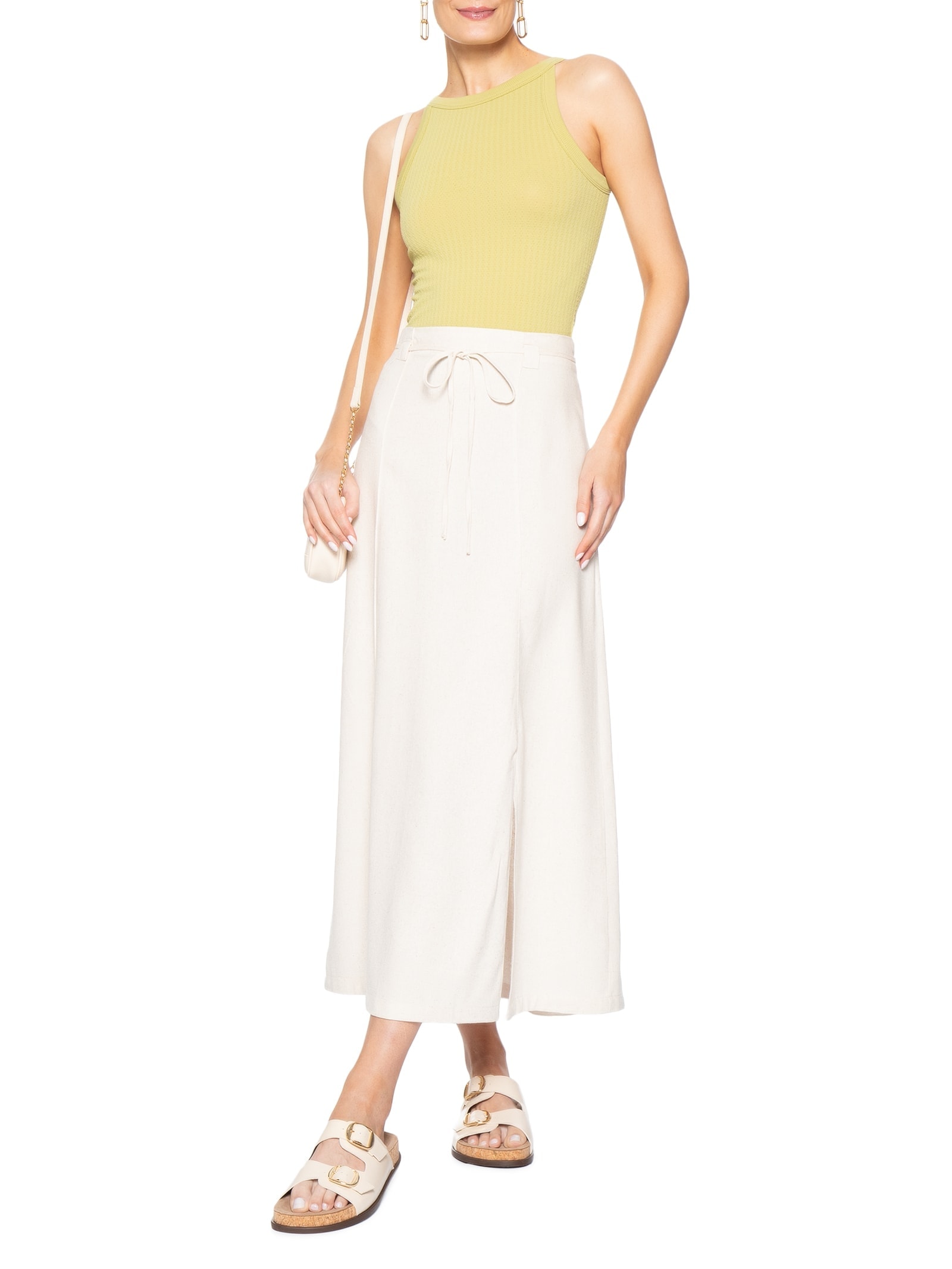 Saia Midi Linho com Fenda Off White Basiq