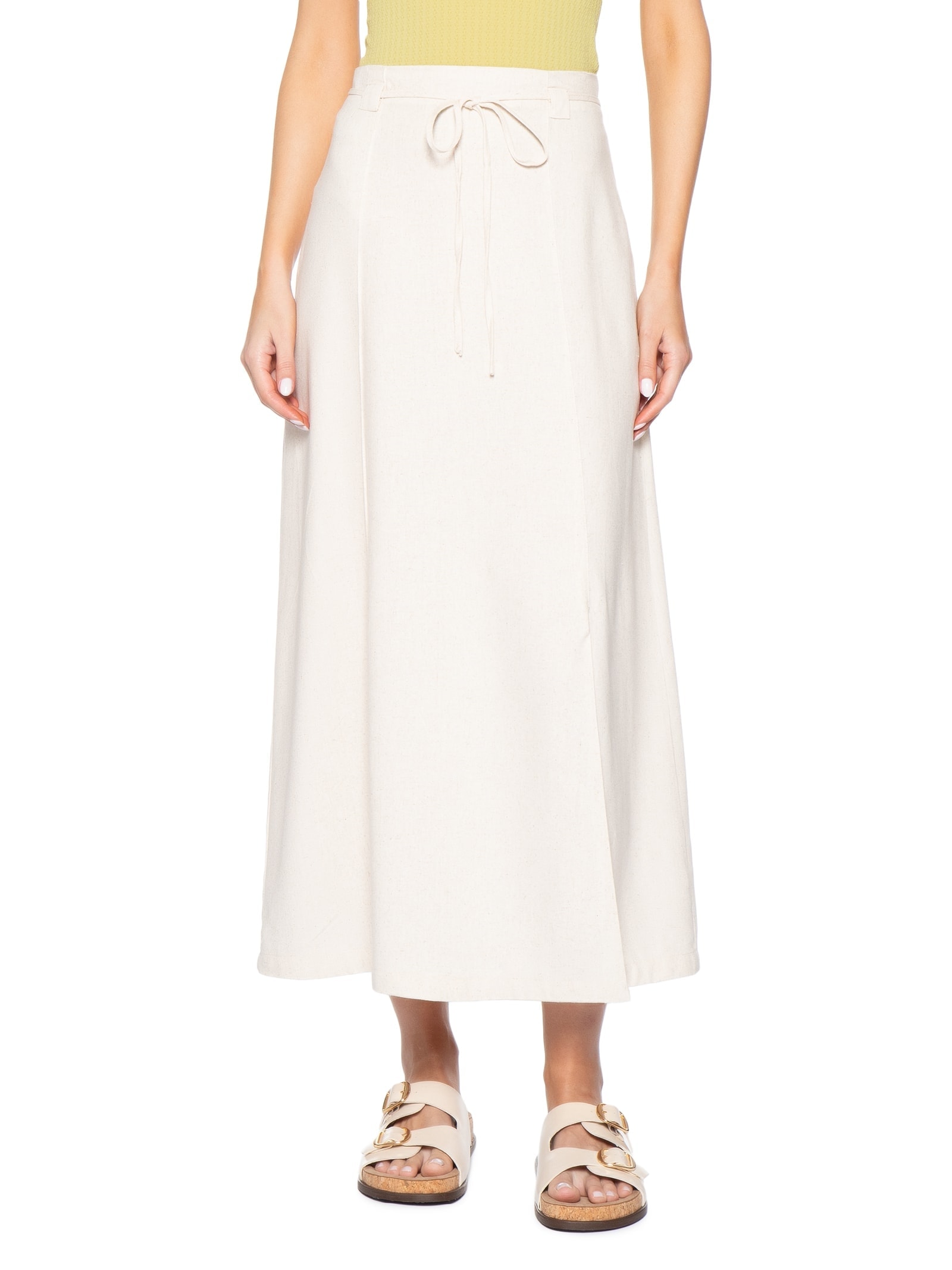 Saia Midi Linho com Fenda Off White Basiq