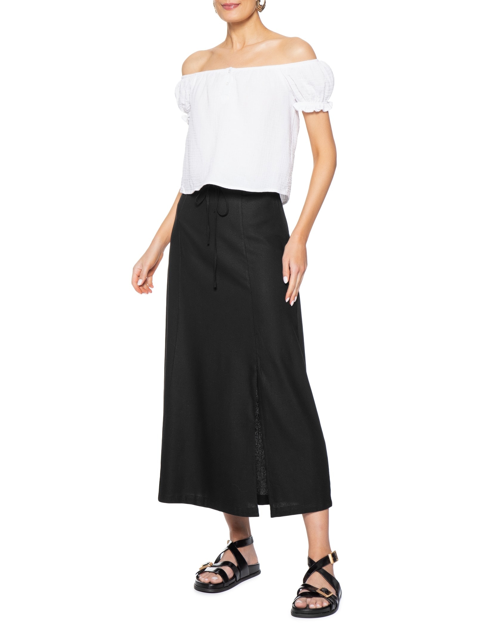Saia Midi Linho com Fenda Preto Basiq