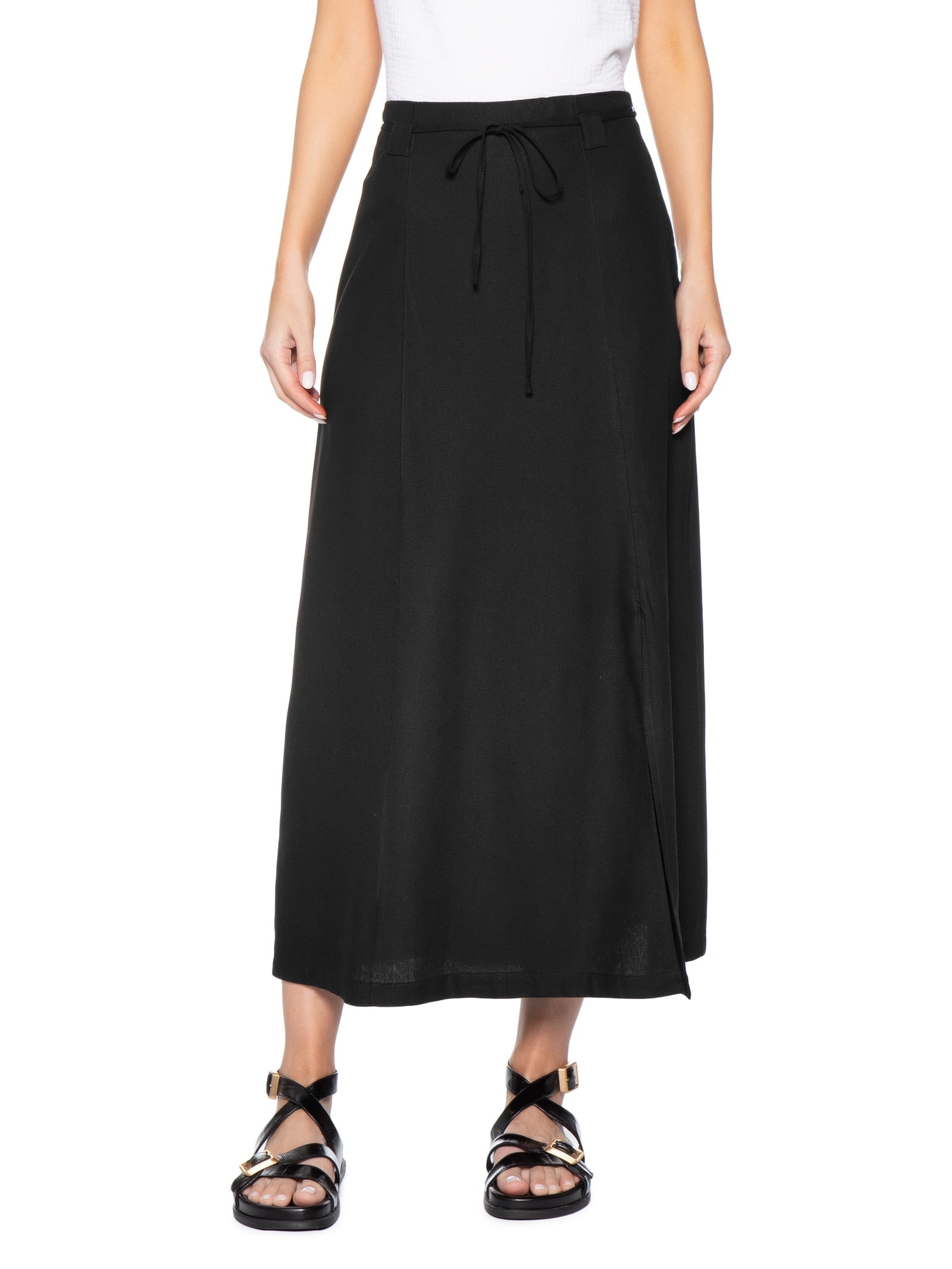 Saia Midi Linho com Fenda Preto Basiq