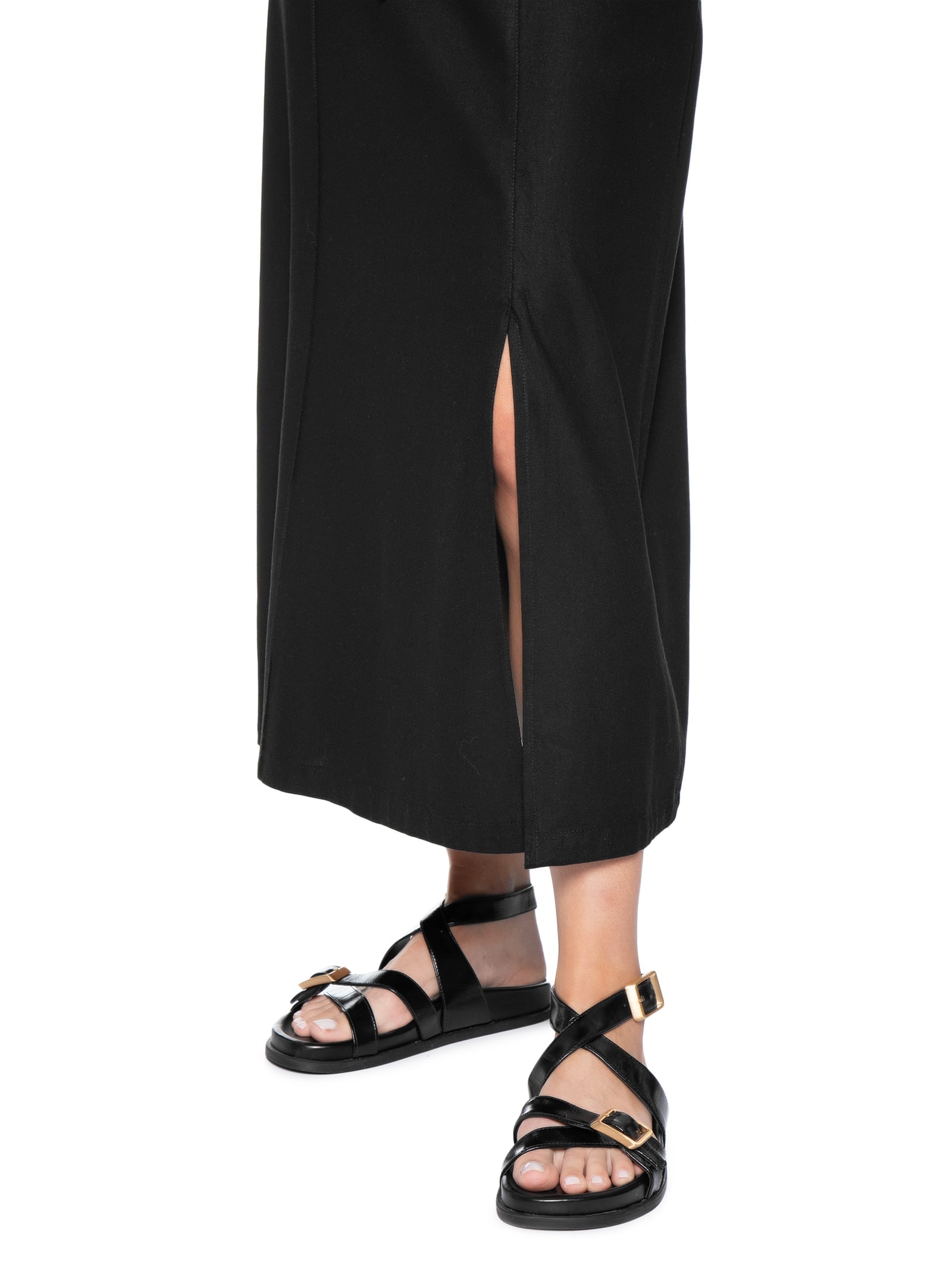 Saia Midi Linho com Fenda Preto Basiq