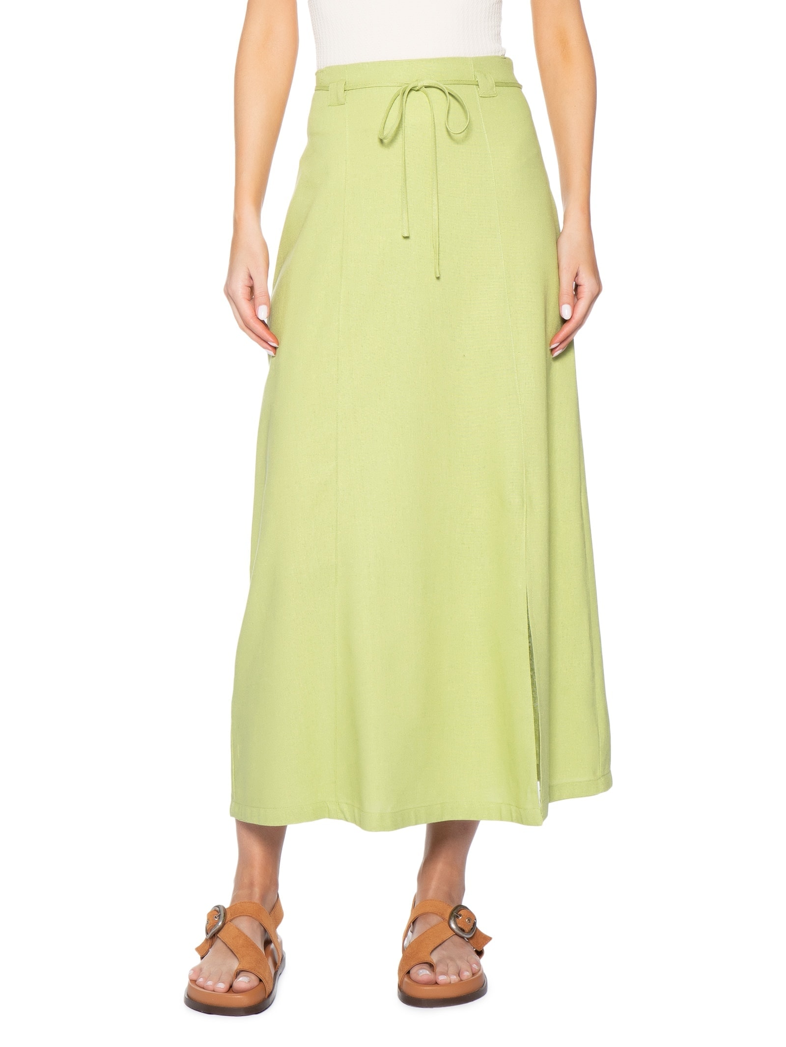 Saia Midi Linho com Fenda Verde Basiq