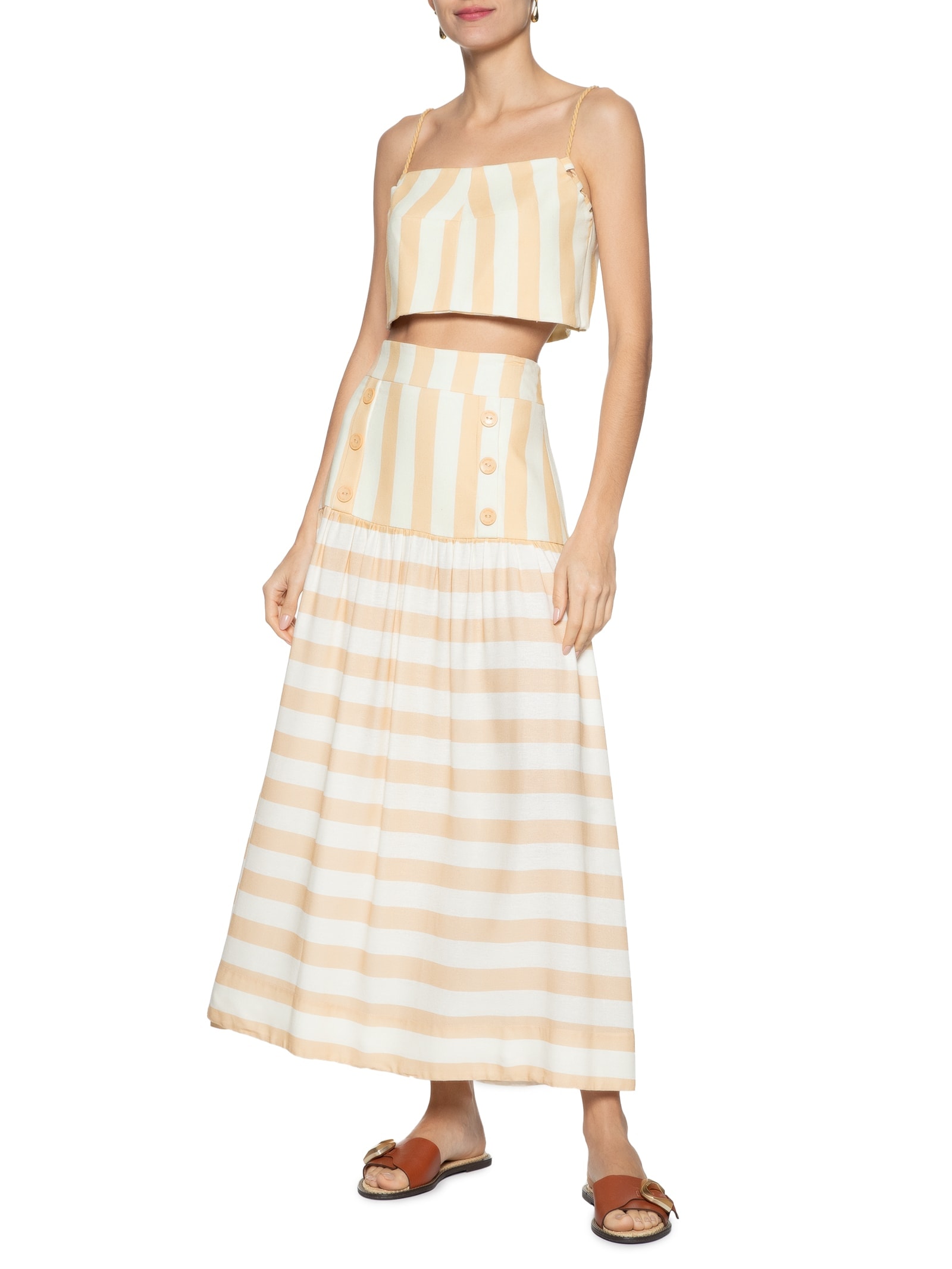 Saia Midi Linho Estampa Horizonte Bege Dress To