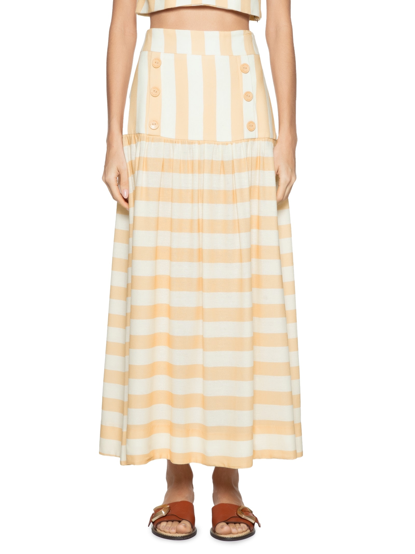 Saia Midi Linho Estampa Horizonte Bege Dress To