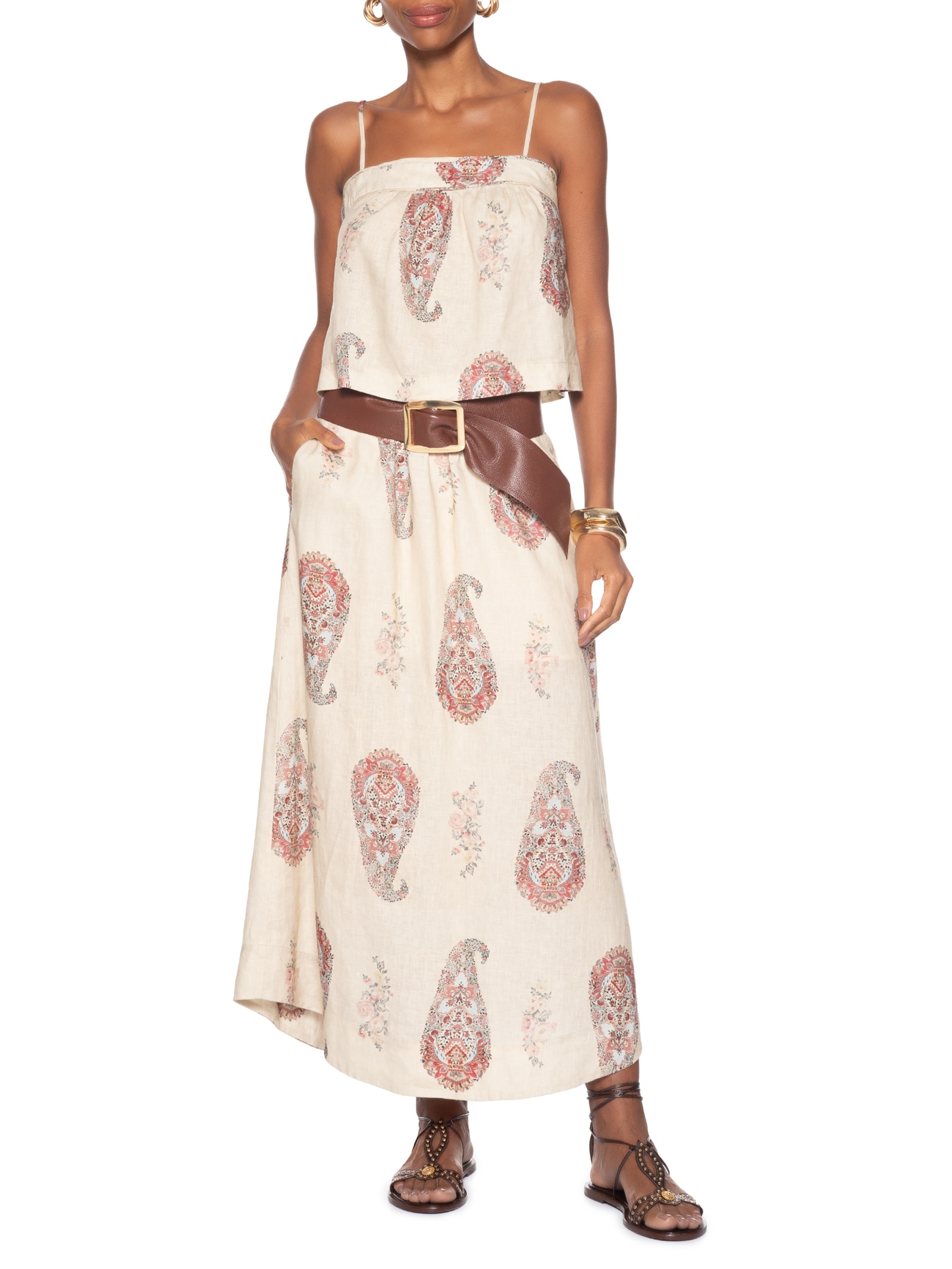 Saia Midi Linho Estampada Flory Bege Maria Filó