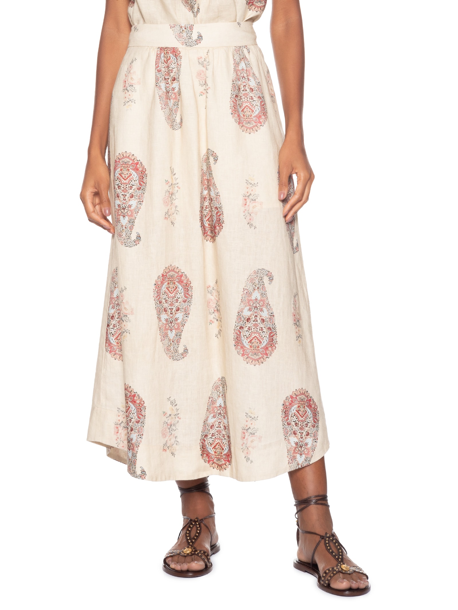 Saia Midi Linho Estampada Flory Bege Maria Filó