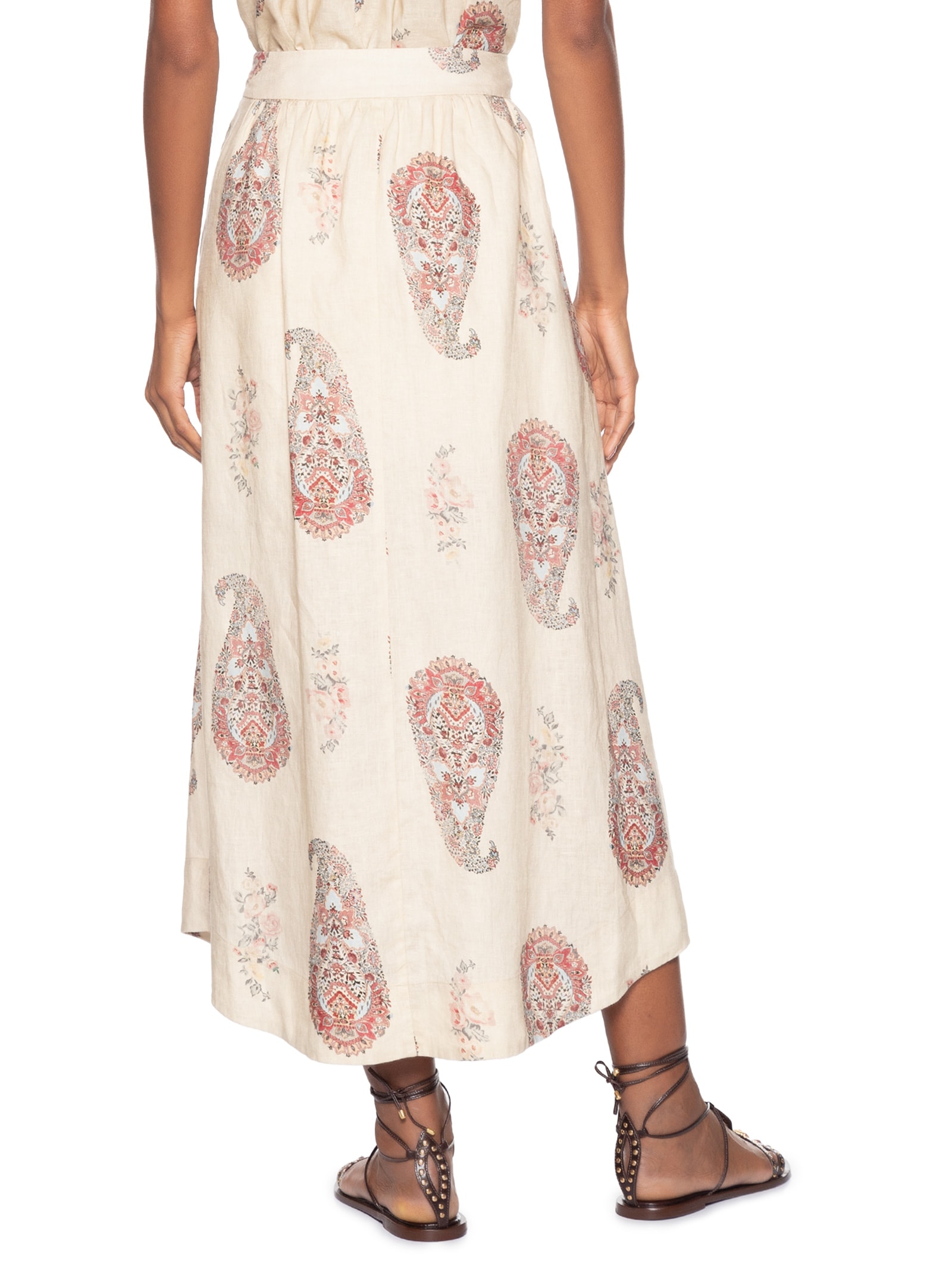 Saia Midi Linho Estampada Flory Bege Maria Filó