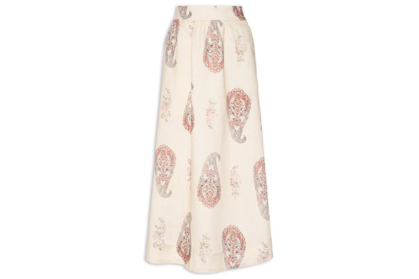 Saia Midi Linho Estampada Flory - Bege