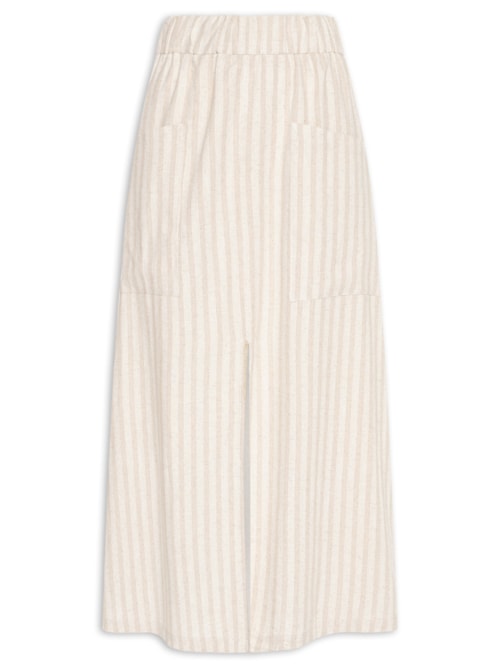 Saia Midi Linho Listrada Com Fenda – Bege