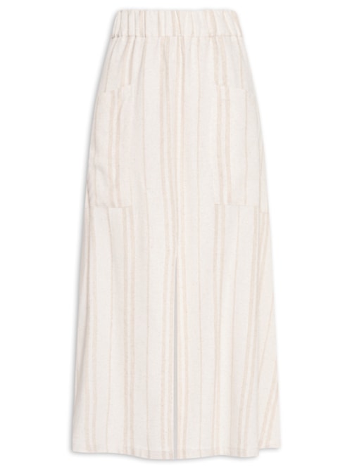 Saia Midi Linho Listrada Com Fenda – Bege