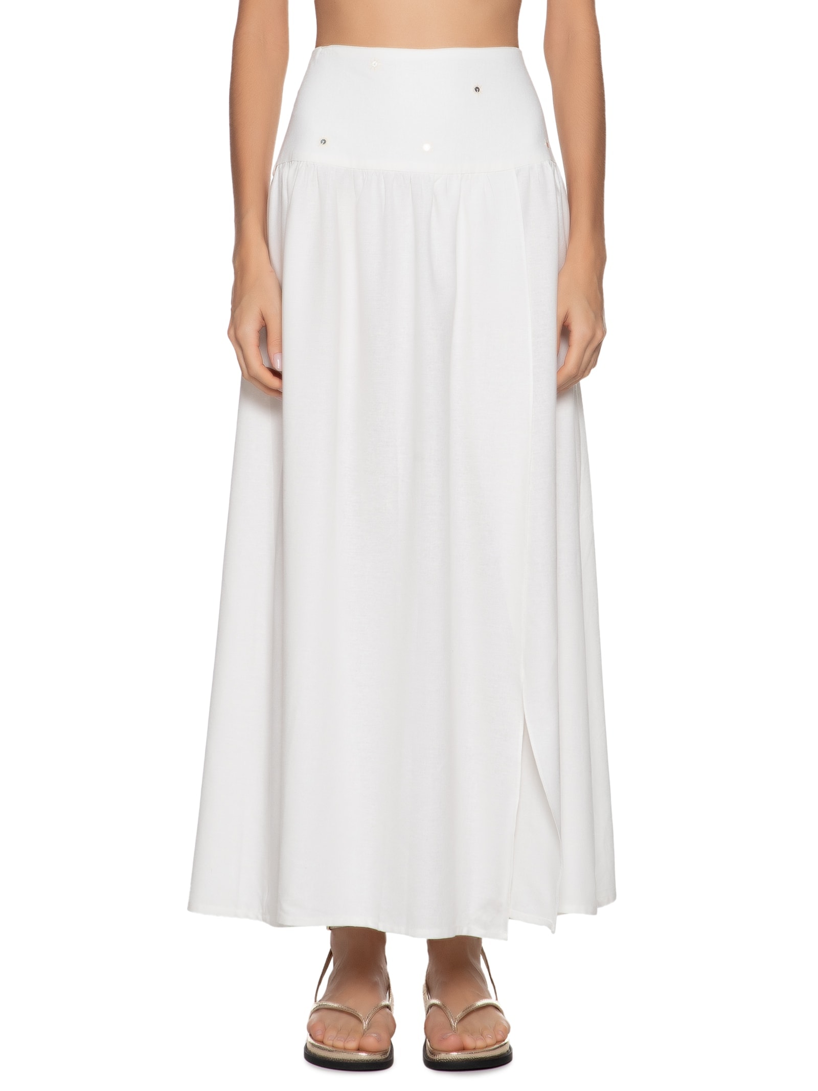 Saia Midi Linho Pala Bordado Paetê Branco Dress To