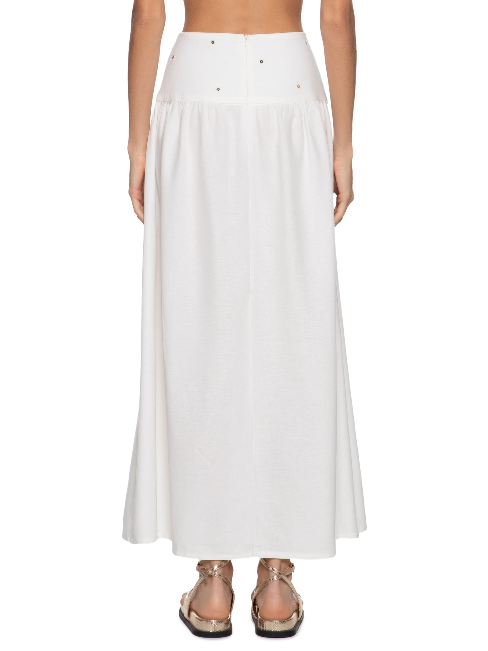 Saia Midi Linho Pala Bordado Paetê Branco Dress To