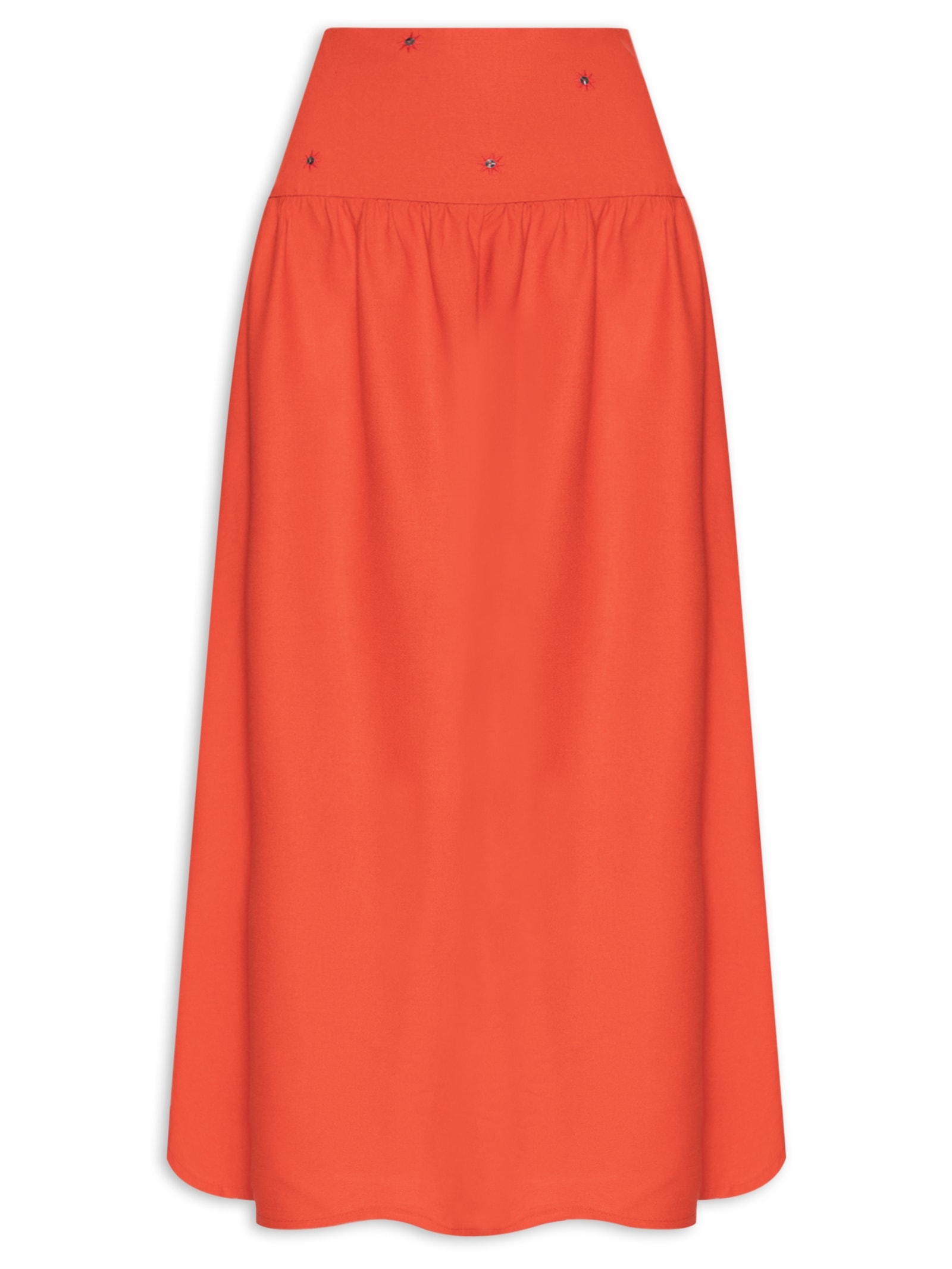 Saia Midi Linho Pala Bordado Paetê Vermelho Dress To