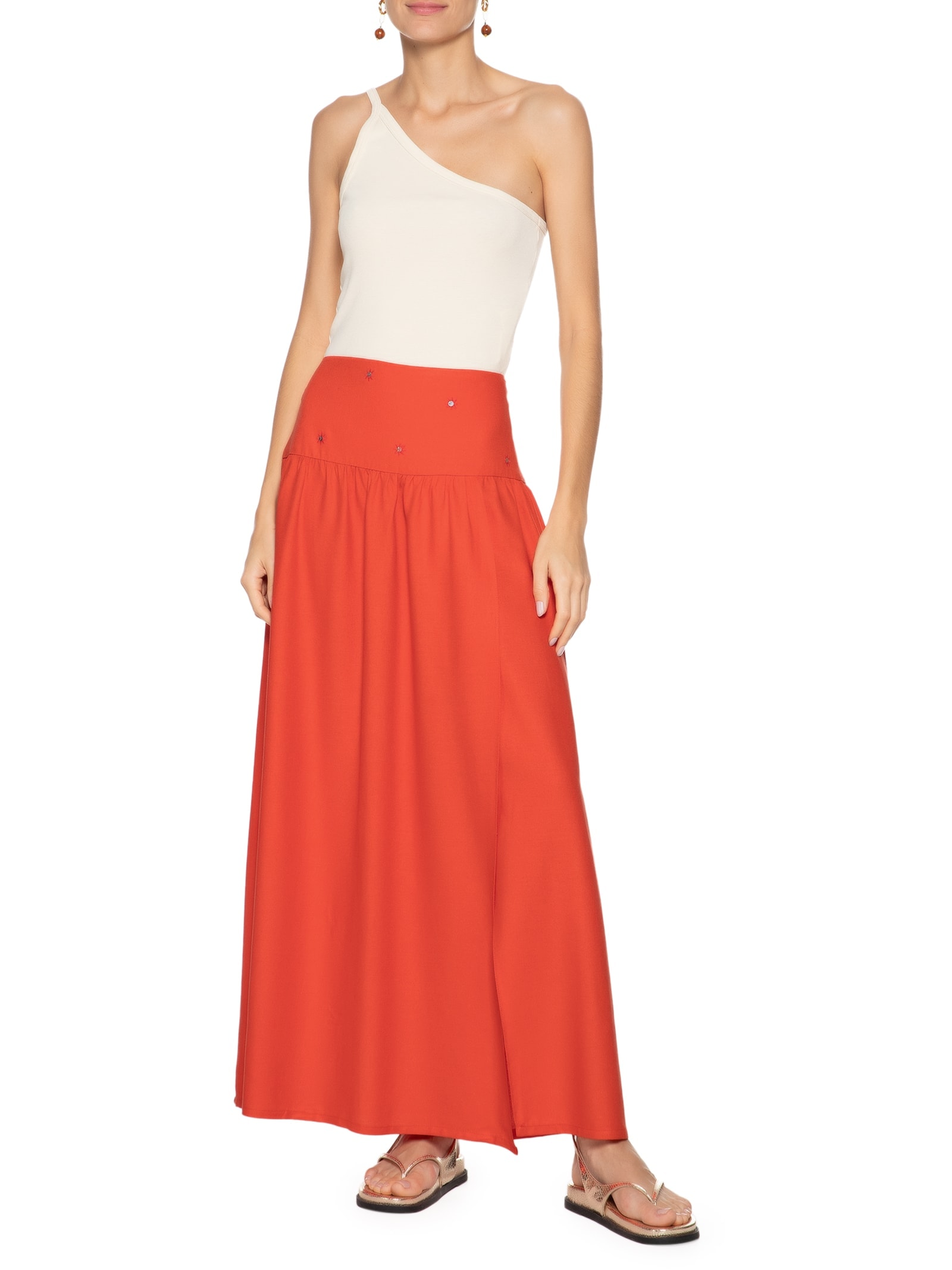 Saia Midi Linho Pala Bordado Paetê Vermelho Dress To