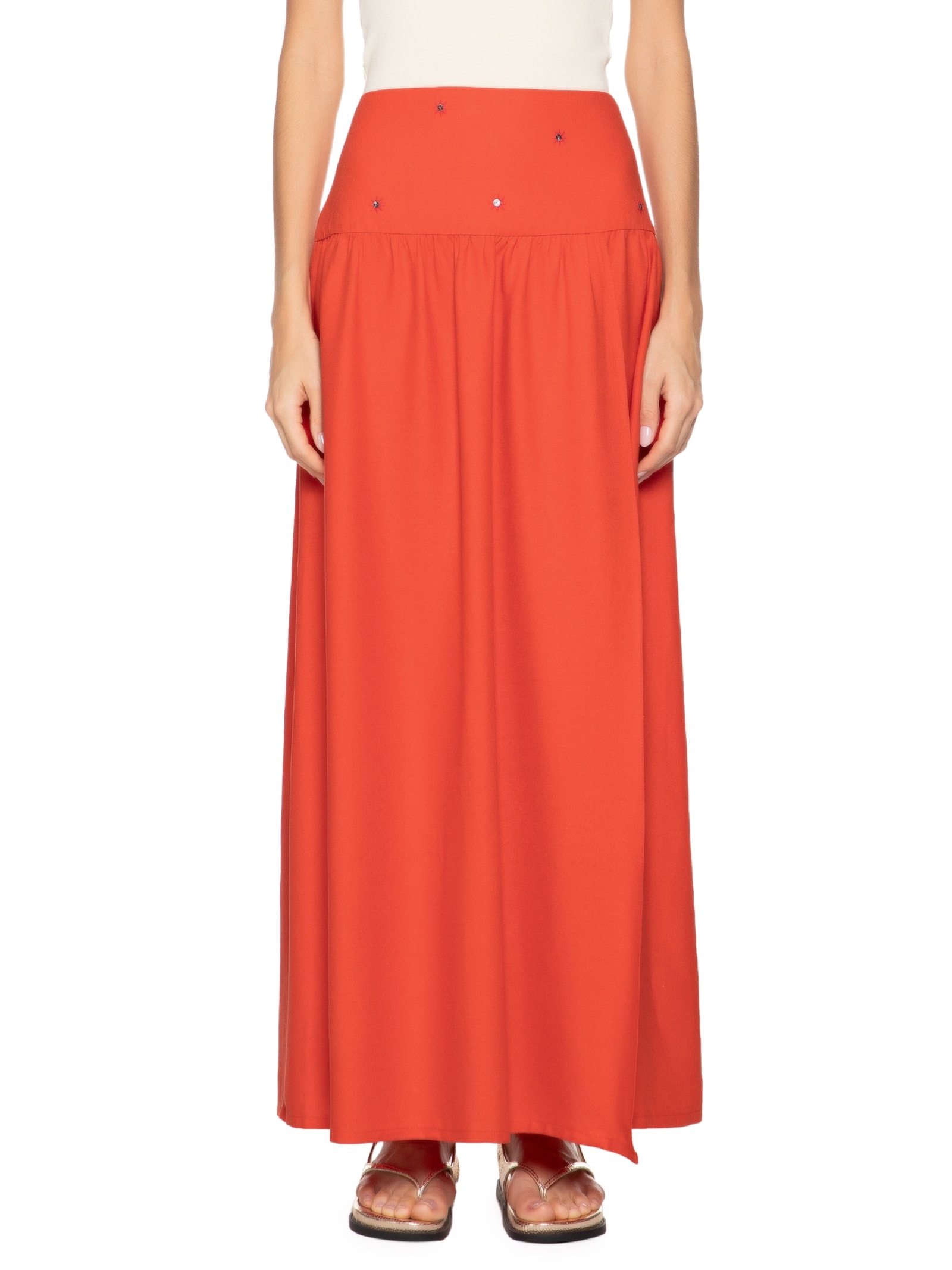 Saia Midi Linho Pala Bordado Paetê Vermelho Dress To