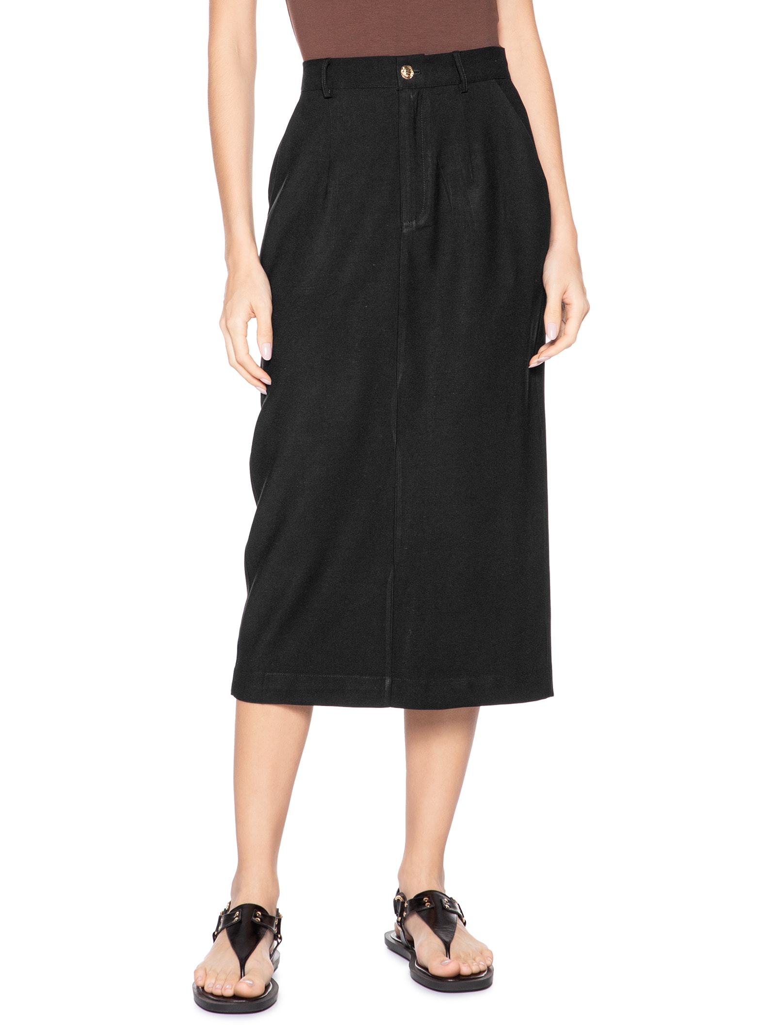 Saia Midi Linho Preto Basiq