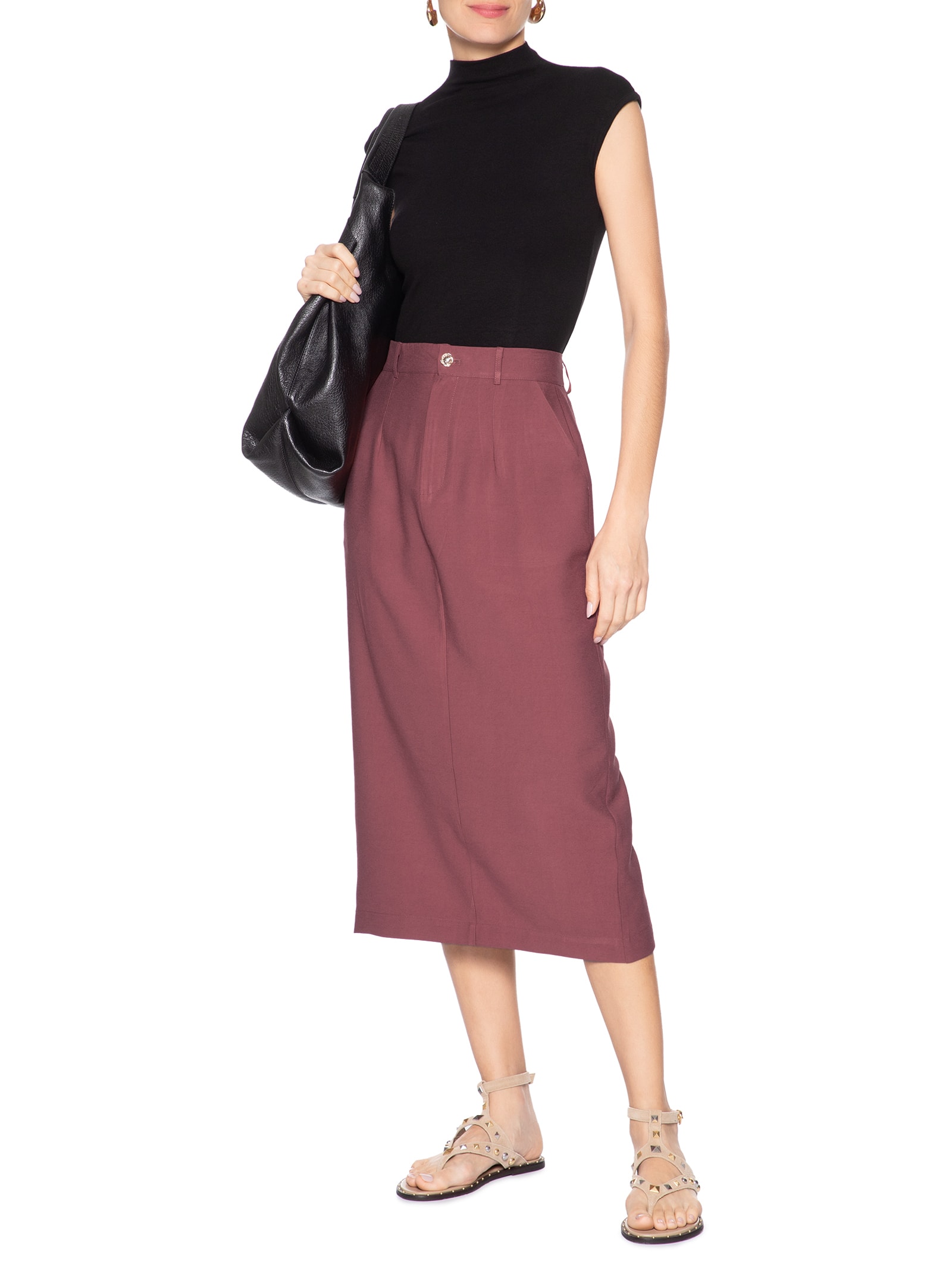 Saia Midi Linho Vermelho Basiq