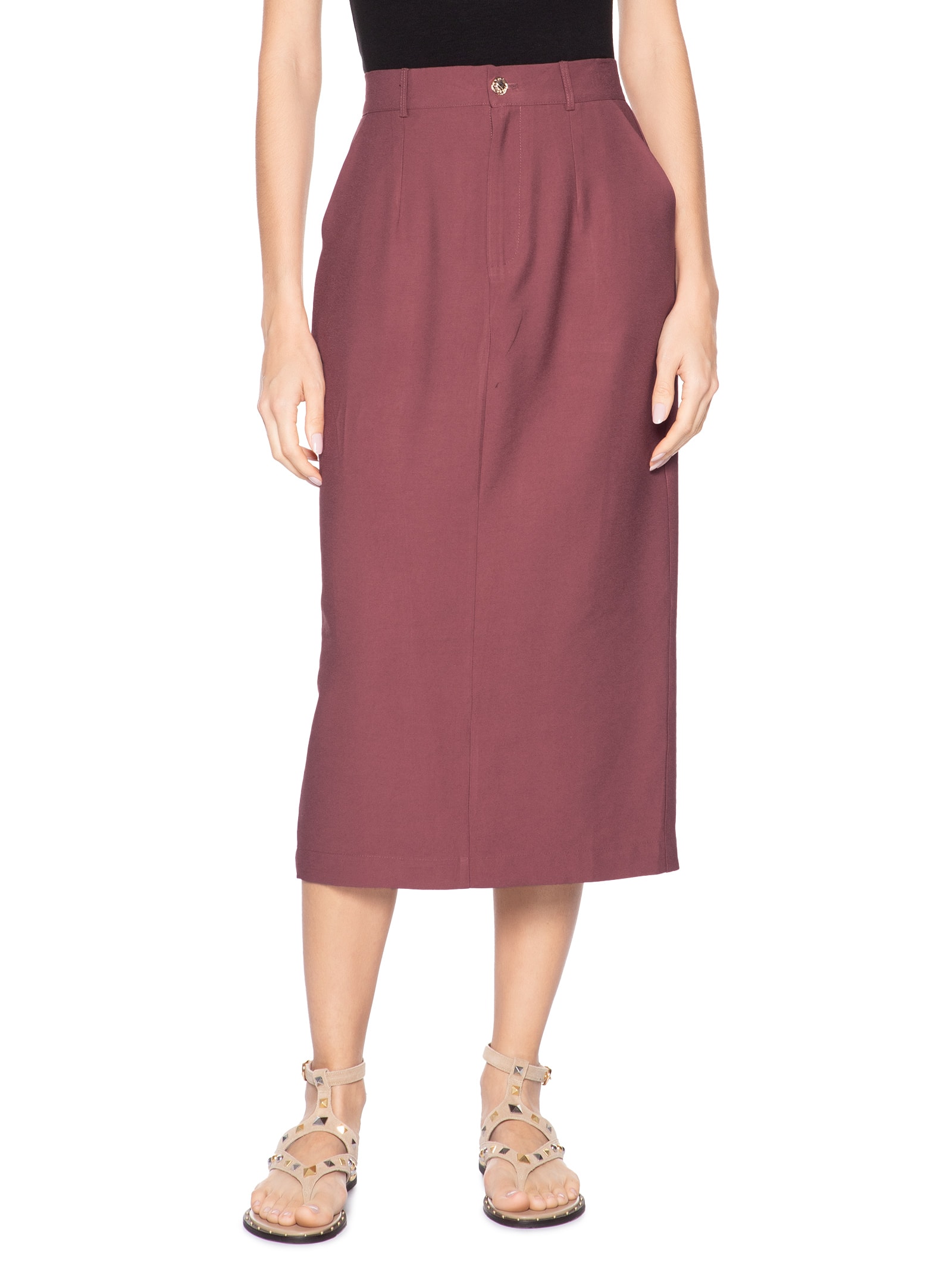 Saia Midi Linho Vermelho Basiq