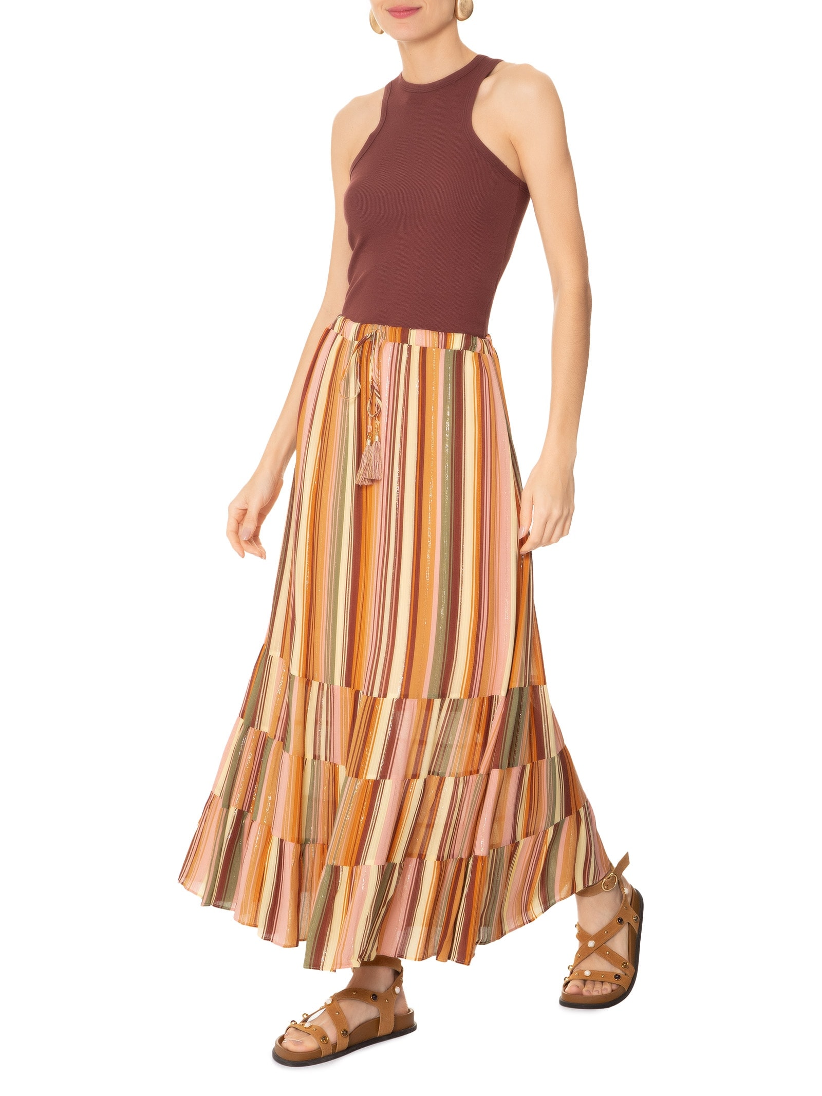 Saia Midi Lurex Estampa Bosque Rosa Dress To