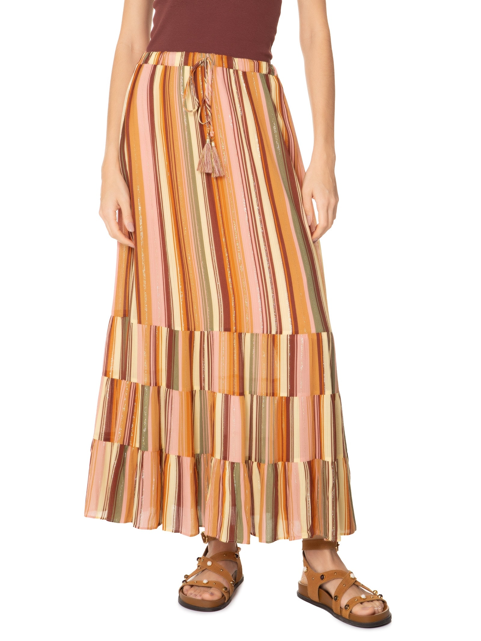 Saia Midi Lurex Estampa Bosque Rosa Dress To