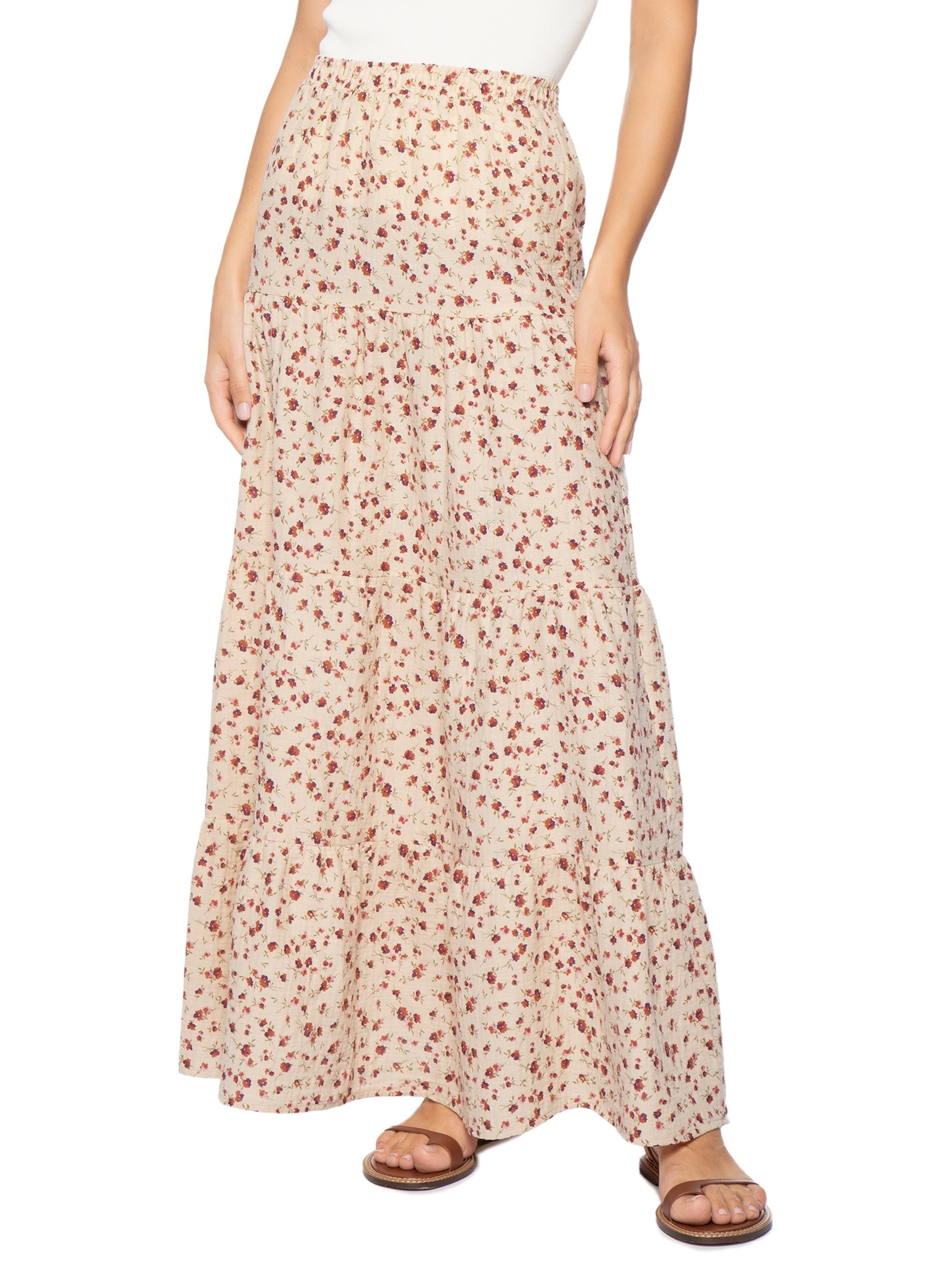 Saia Midi Marias Estampada Bege Basiq