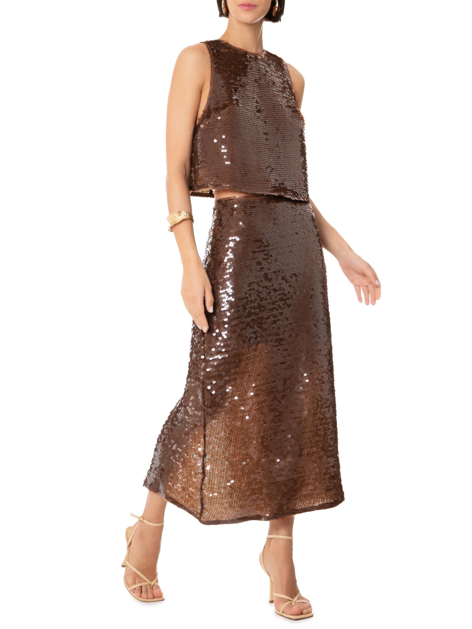 Saia Midi Paetê Marrom Colcci