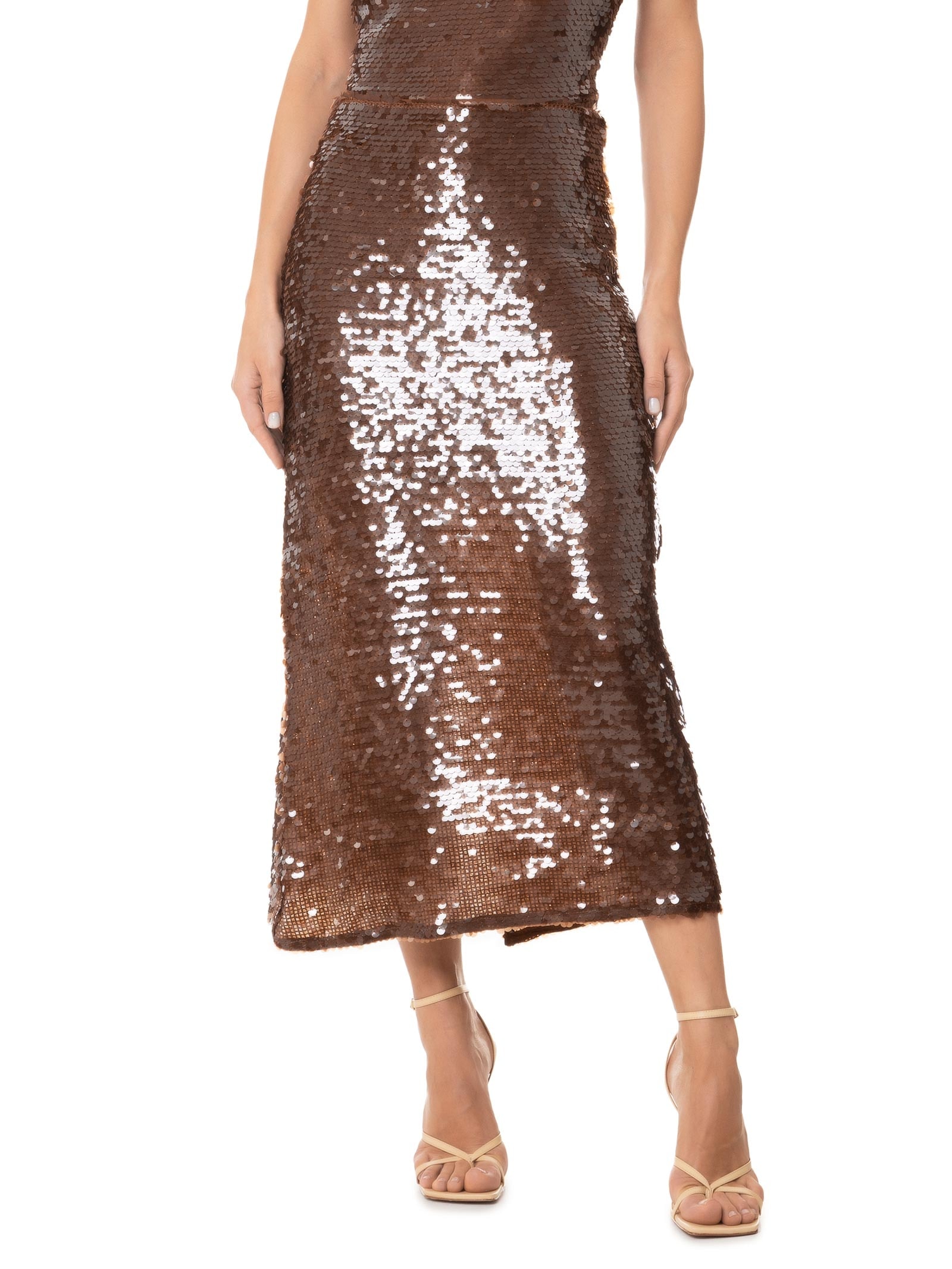 Saia Midi Paetê Marrom Colcci