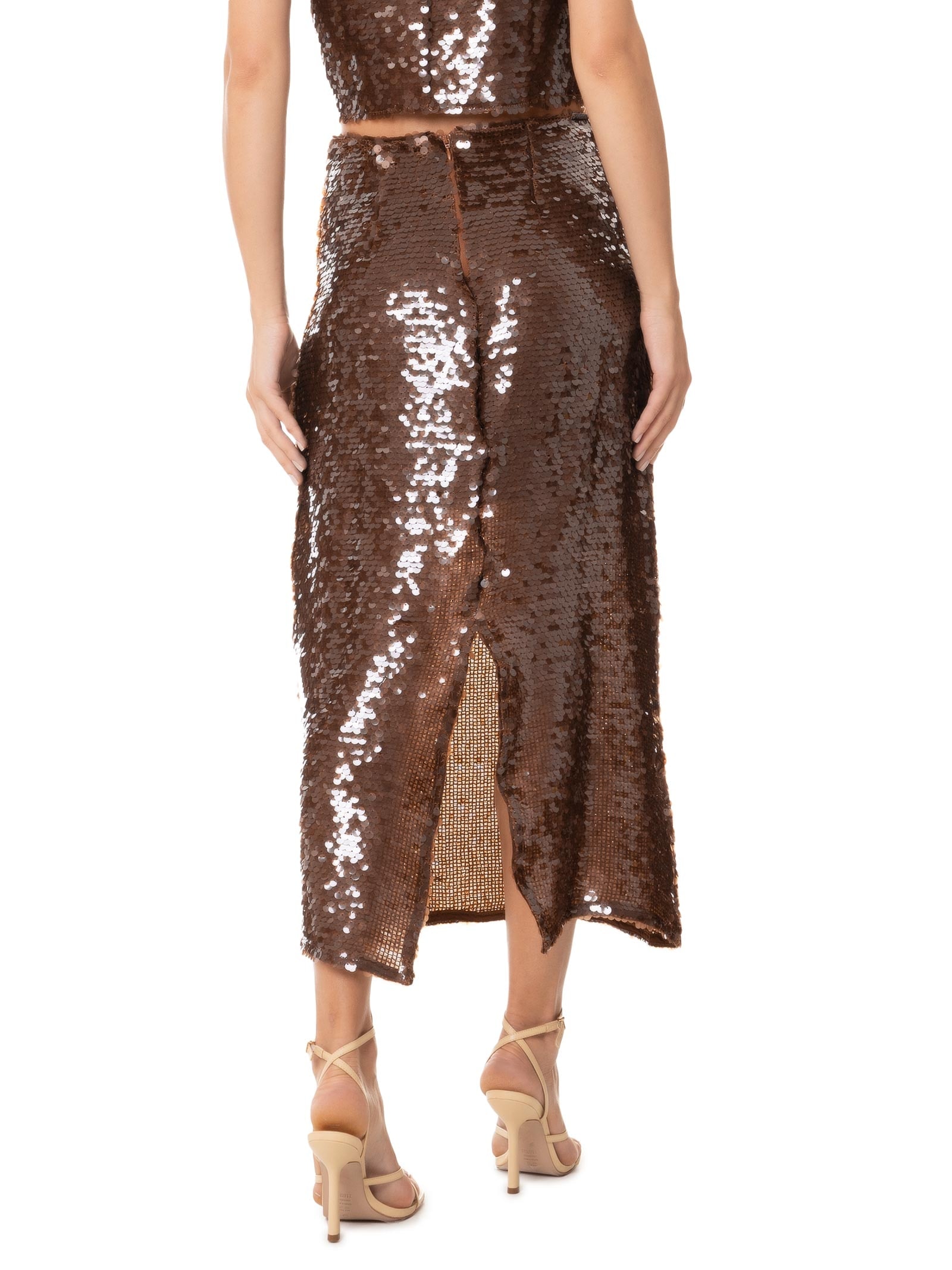 Saia Midi Paetê Marrom Colcci