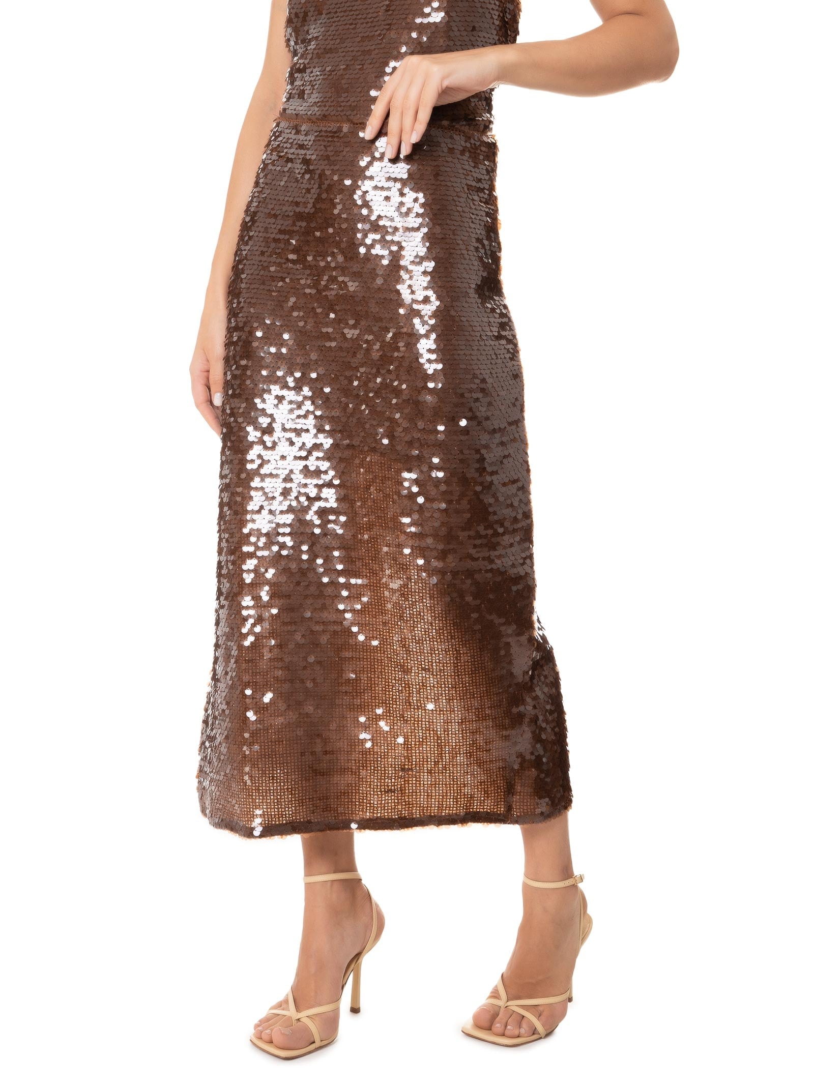 Saia Midi Paetê Marrom Colcci