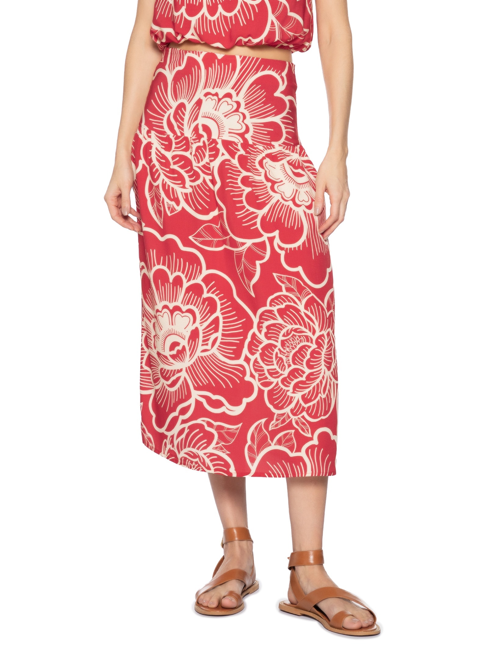 Saia Midi Pala Com Zíper Vermelho Cacay