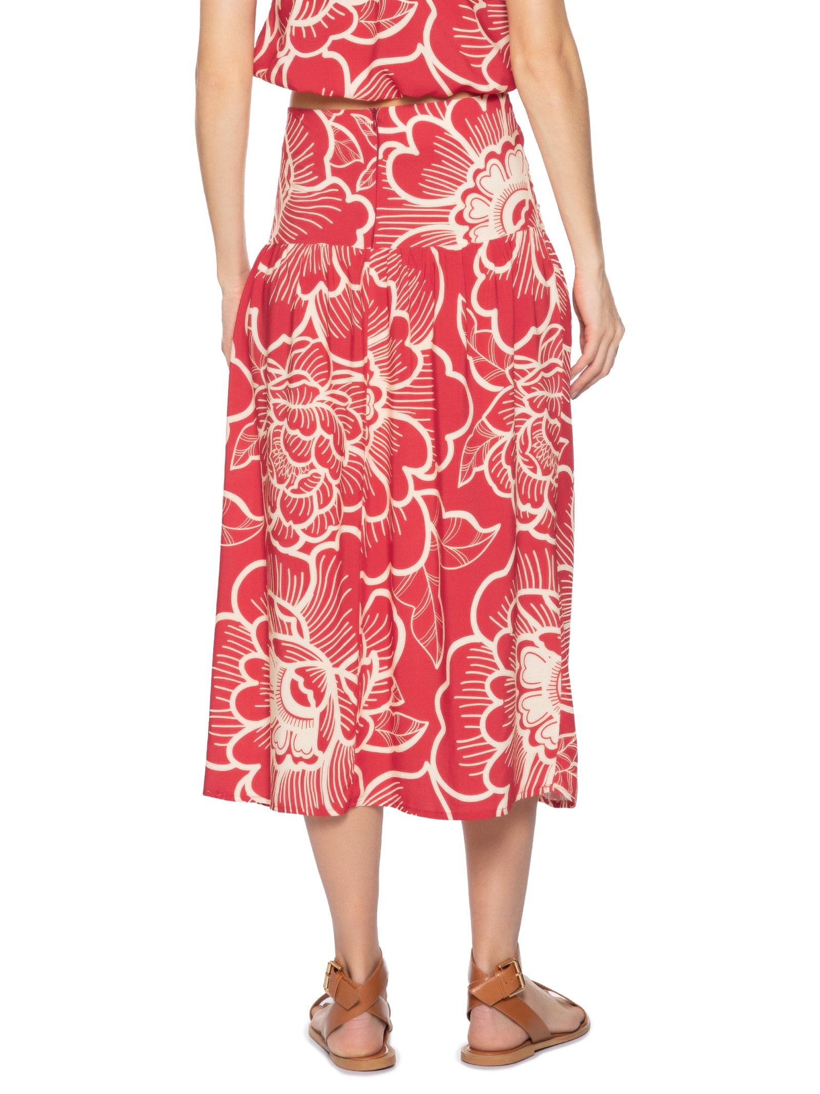 Saia Midi Pala Com Zíper Vermelho Cacay
