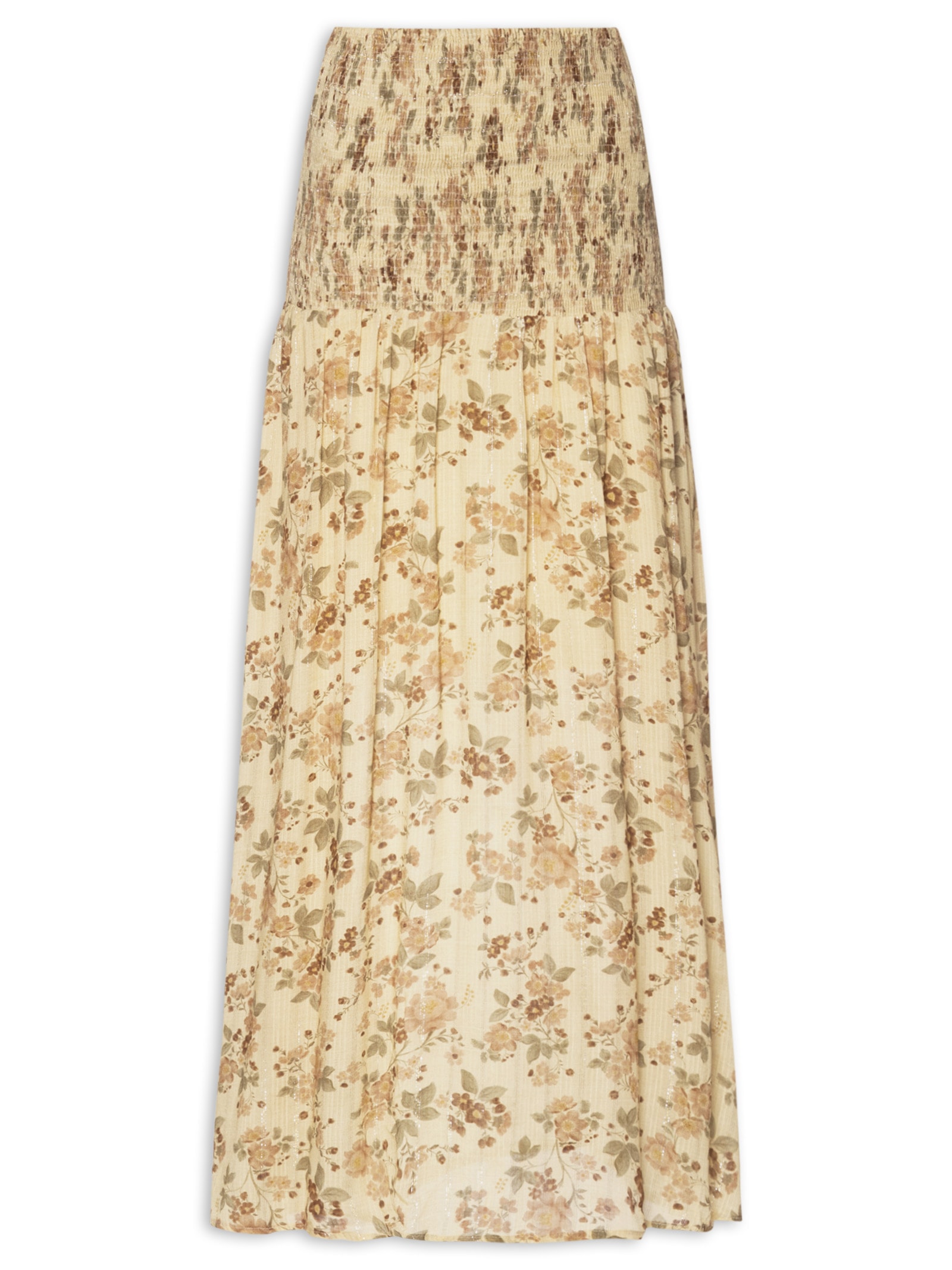 Saia Midi Pala Lastex Estampa Blush Bege Maria Filó